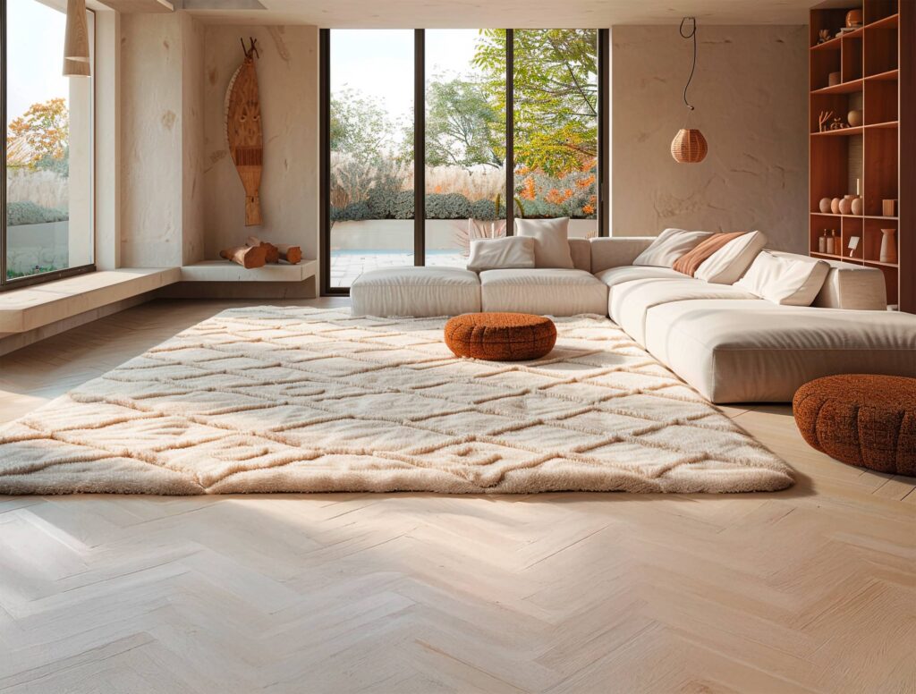 Gemütliches Wohnzimmer mit einem weichen, flauschigen, gesteppten Teppich in sanftem Elfenbein mit einem dezenten geometrischen Muster.