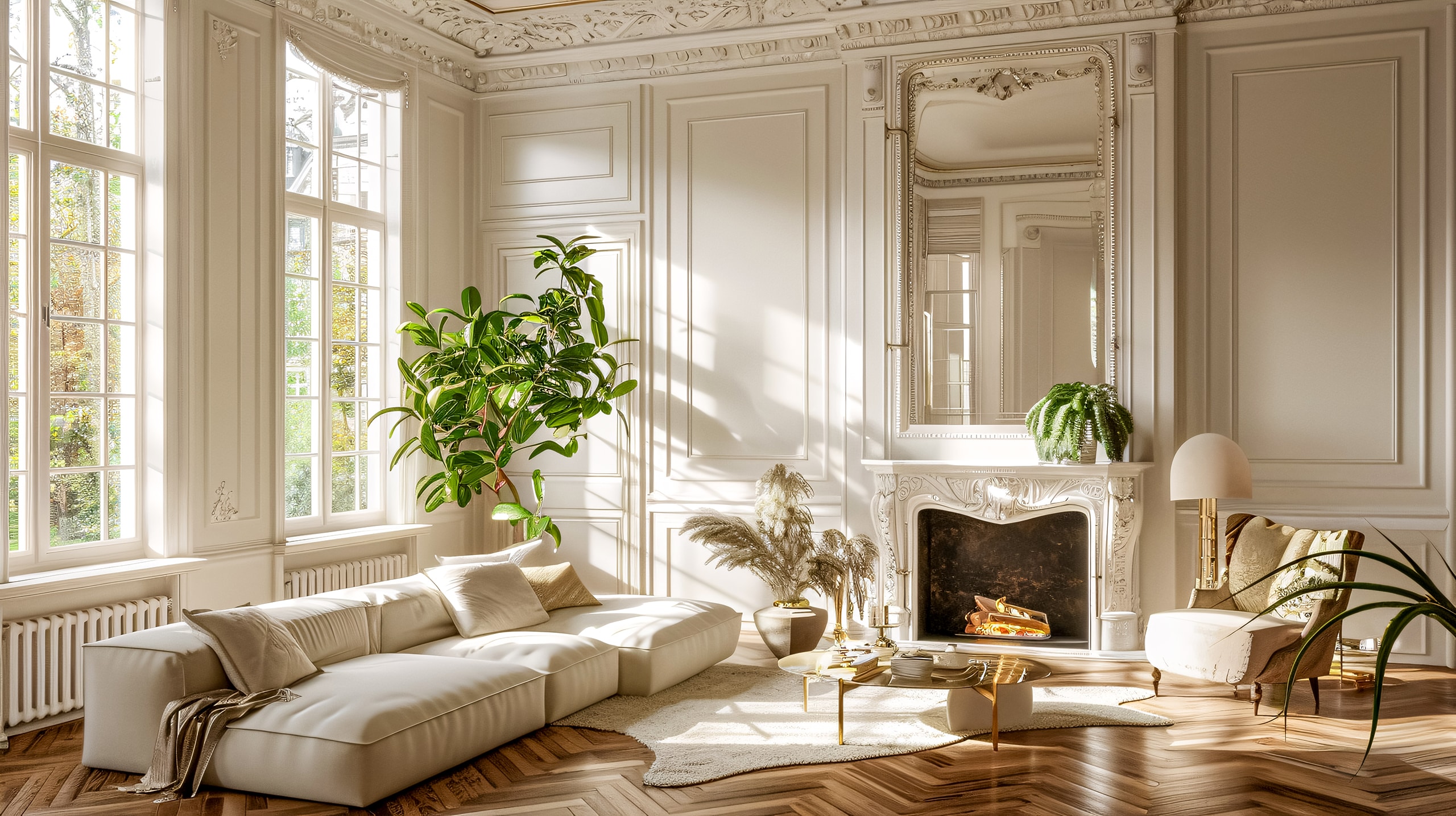 Luxuriöses HInterieur eines hohen Altbau-Wohnzimmers mit Parkettböden mit Fischrätmuster, Kamin mit weißem Stuck, modernem Sofa in edlem Creme, Zimmerpflanzen und elegantem Stuck an Wänden und der Decke.