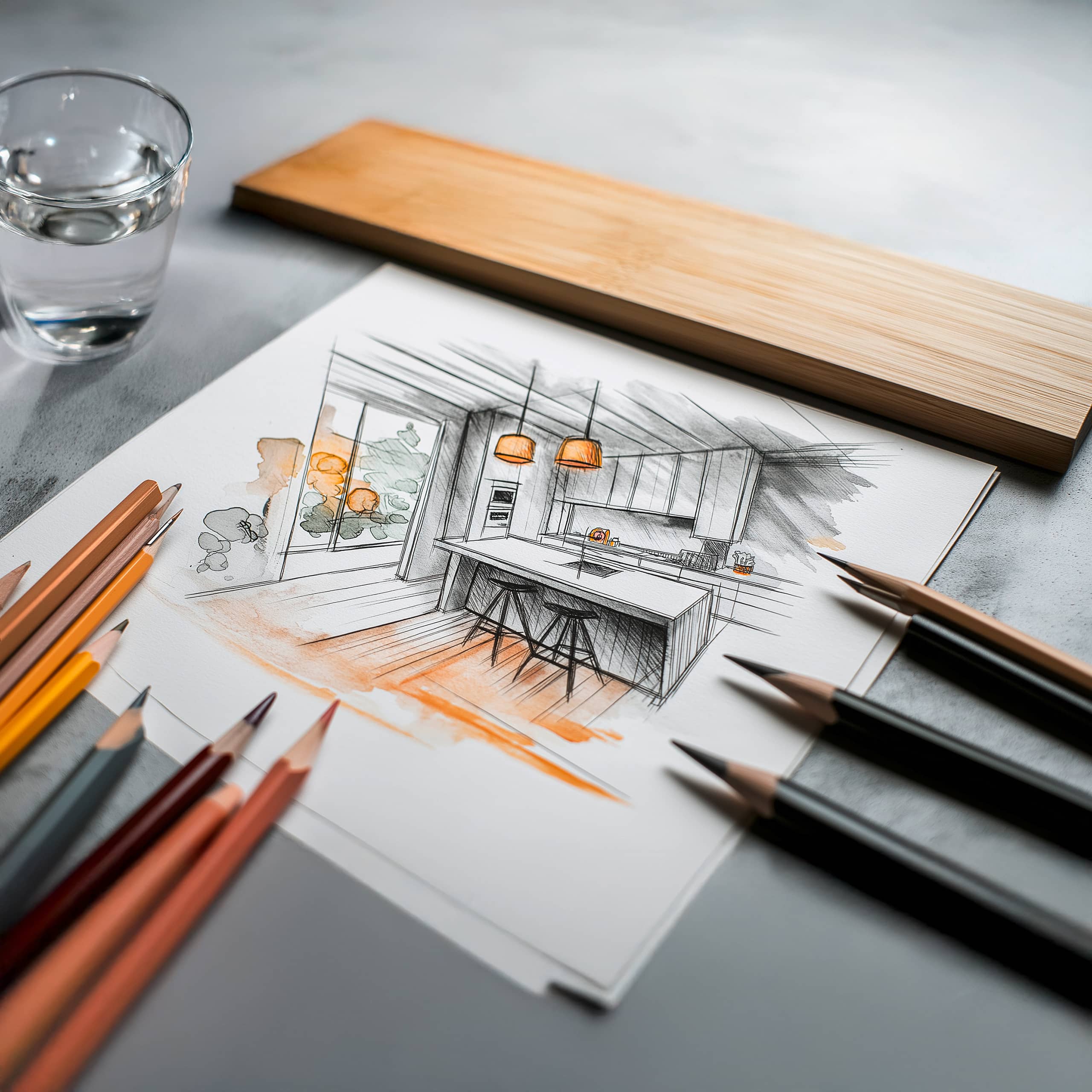 Moderne Küchenentwurf auf Papier mit Skizzen und Buntstiften.