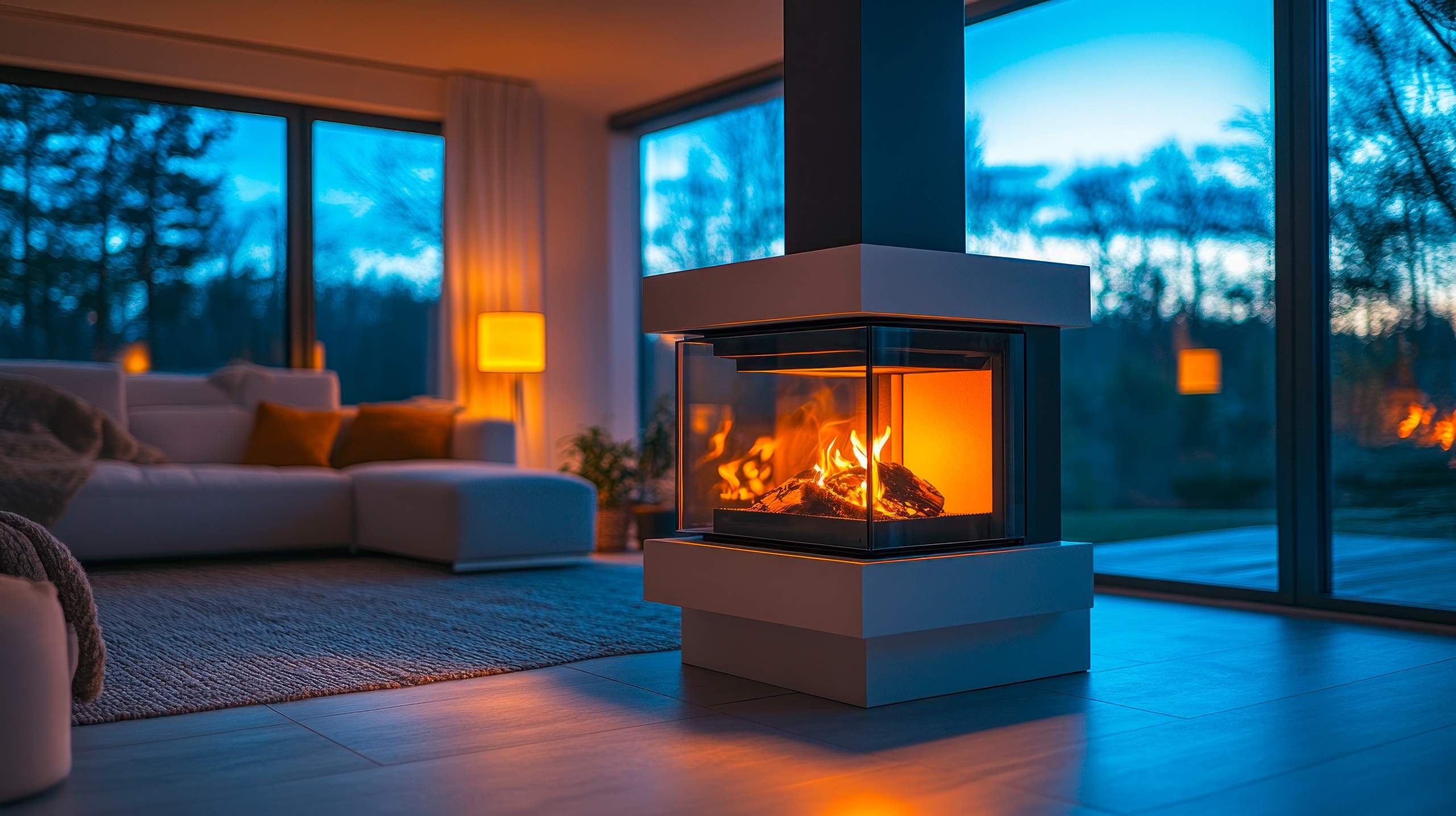 Gemütliches, modernes Wohnzimmer mit Kamin, in dem ein helles Feuer brennt, in der Abenddämmerung.