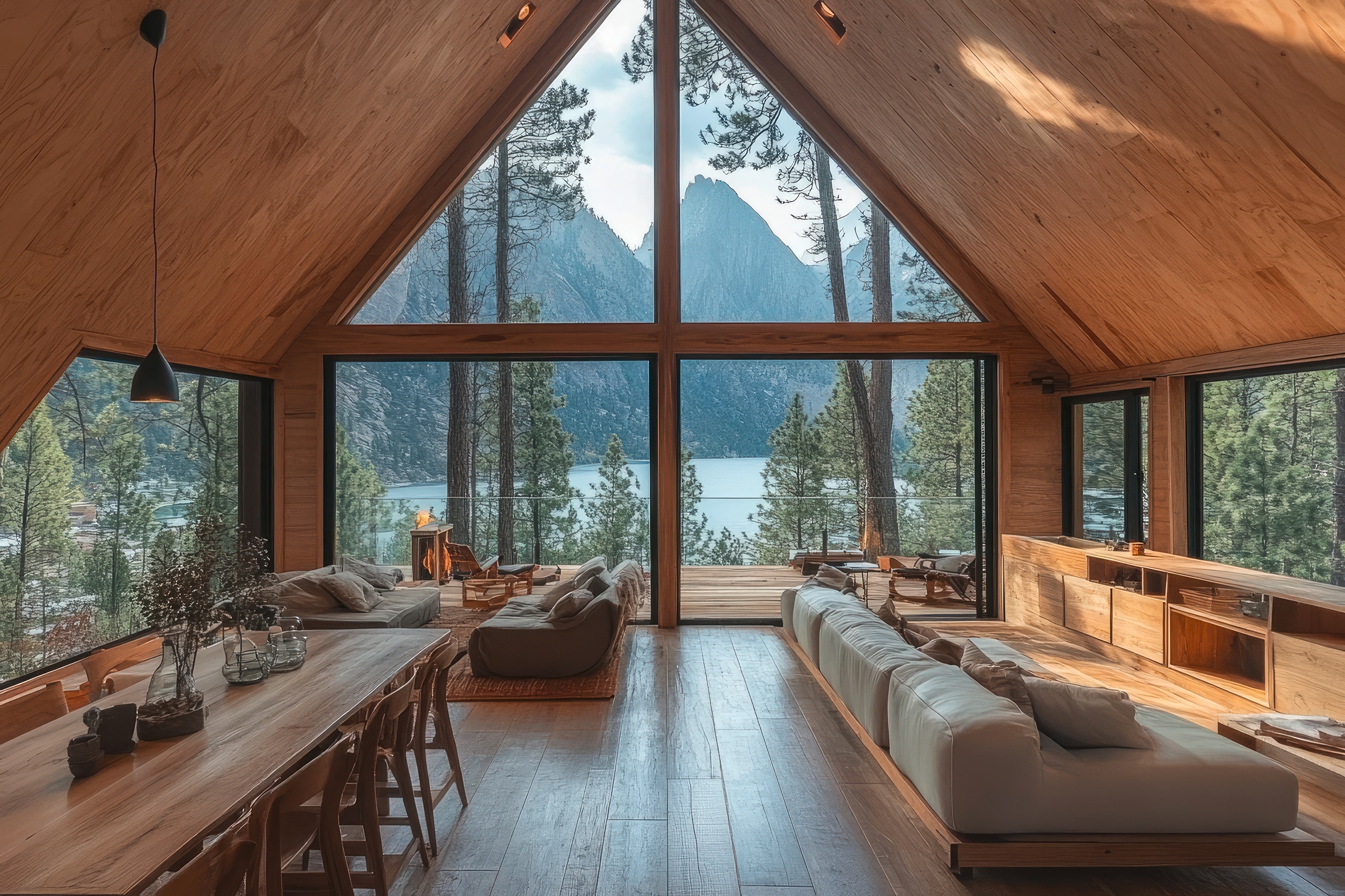 Modernes Holzhütten-Interieur mit hochwertigem Mobilar in Naturfarben mit Blick auf malerischen Bergsee.