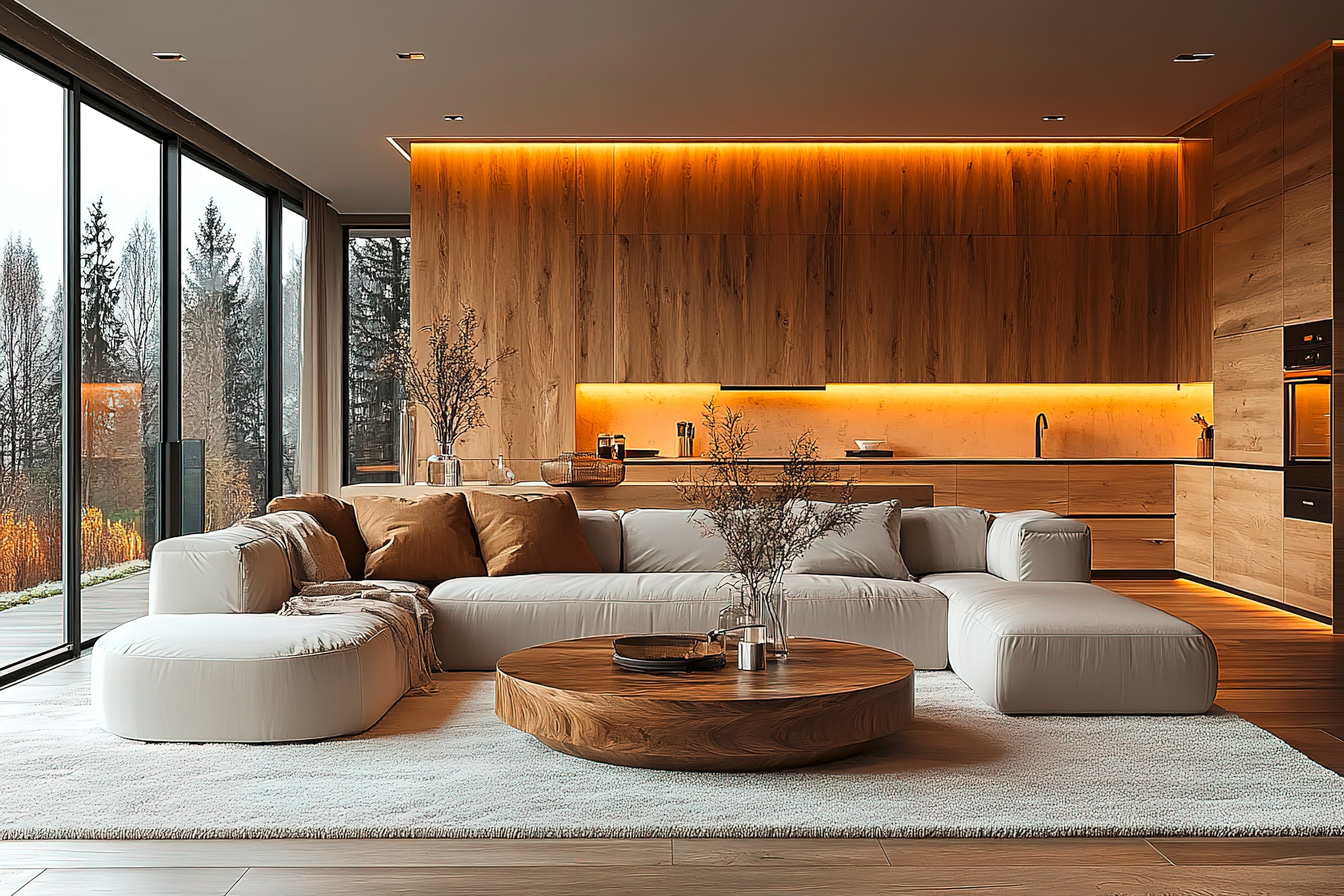 Großes Wohnzimmer mit Parkettboden und darauf liegendem Teppich auf dem eine große, gemütliche Wohnlandschaft samt rundem Holztisch platziert ist. Im Hintergrund ist eine moderne Holzküche zu erkennen.