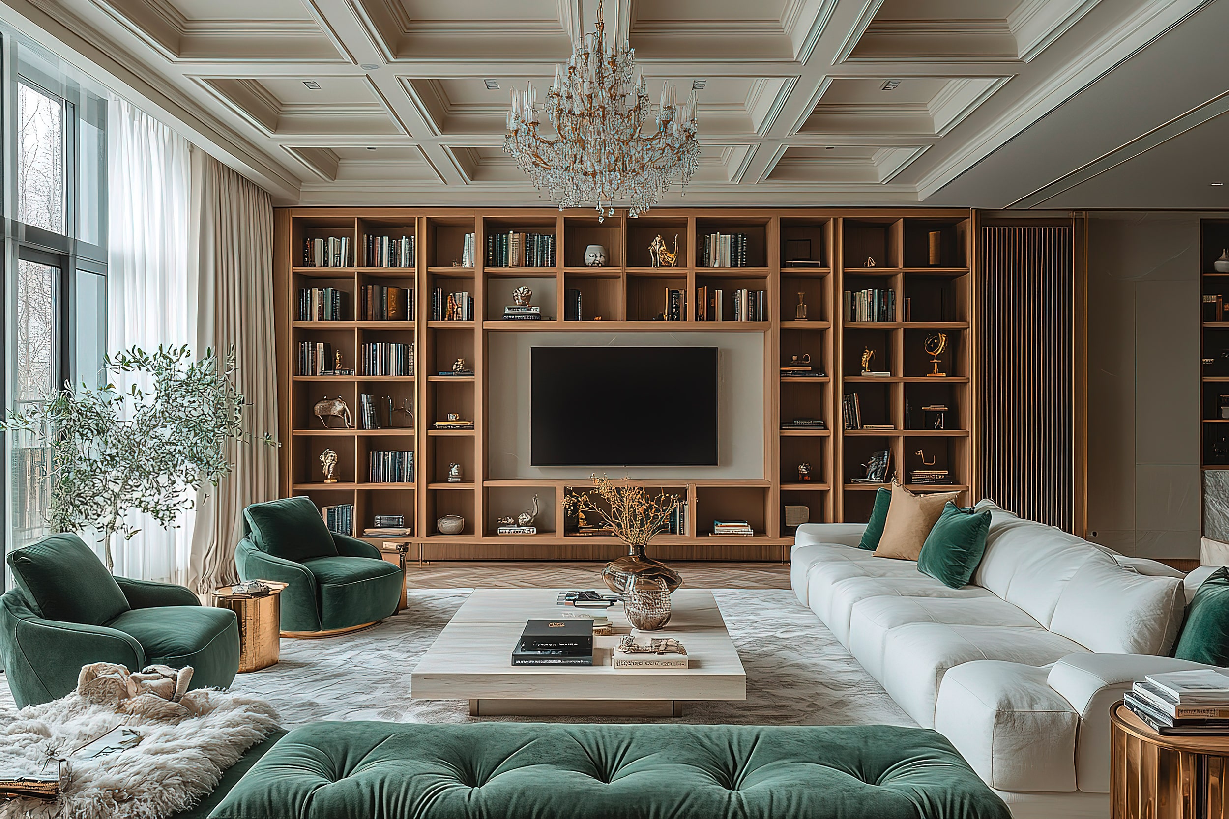 Großes Wohnzimmer im klassisch-edlen Stil, mit Kronleuchter und Flachbildfernseher, sowie aufwendiger Kassettendecke aus Holz in weiß.