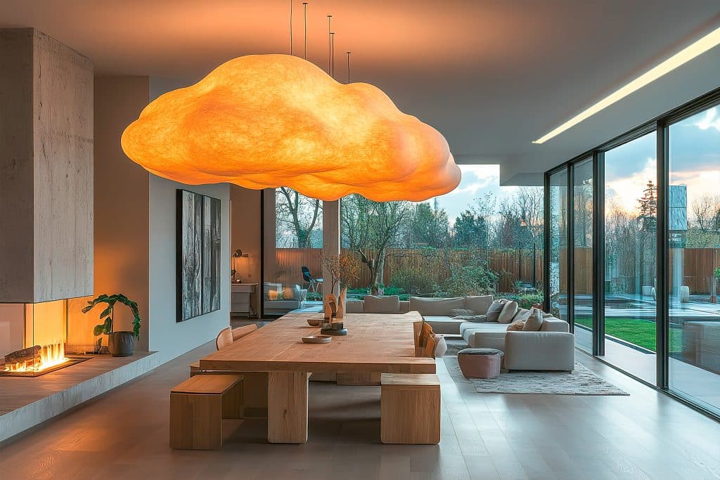 Attraktiv beleuchteter, moderner Wohnraum mit überdimensionaler Hängeleuchte in Form einer Wolke über dem Esstisch aus Holz.