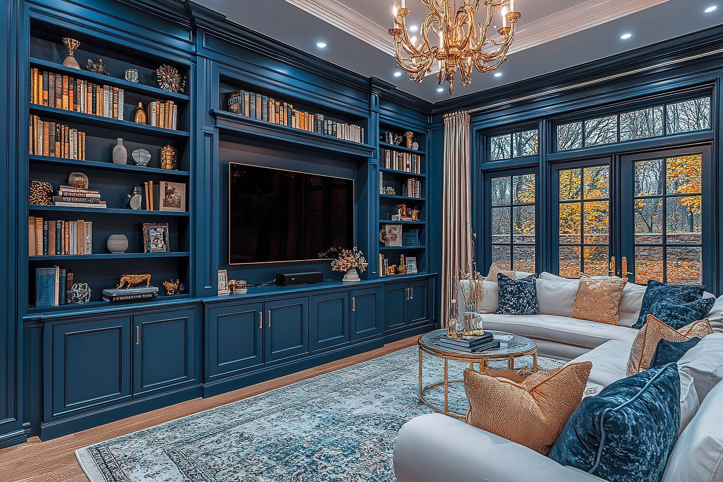 Royalblaues, edles Wohnzimmer mit einem großen Bücherregal und integriertem Flachbild-Fernseher, Stuck und goldenem Luster an der Decke, sowie breiten Terrassentüren mit Blick in den herbstlichen Garten.