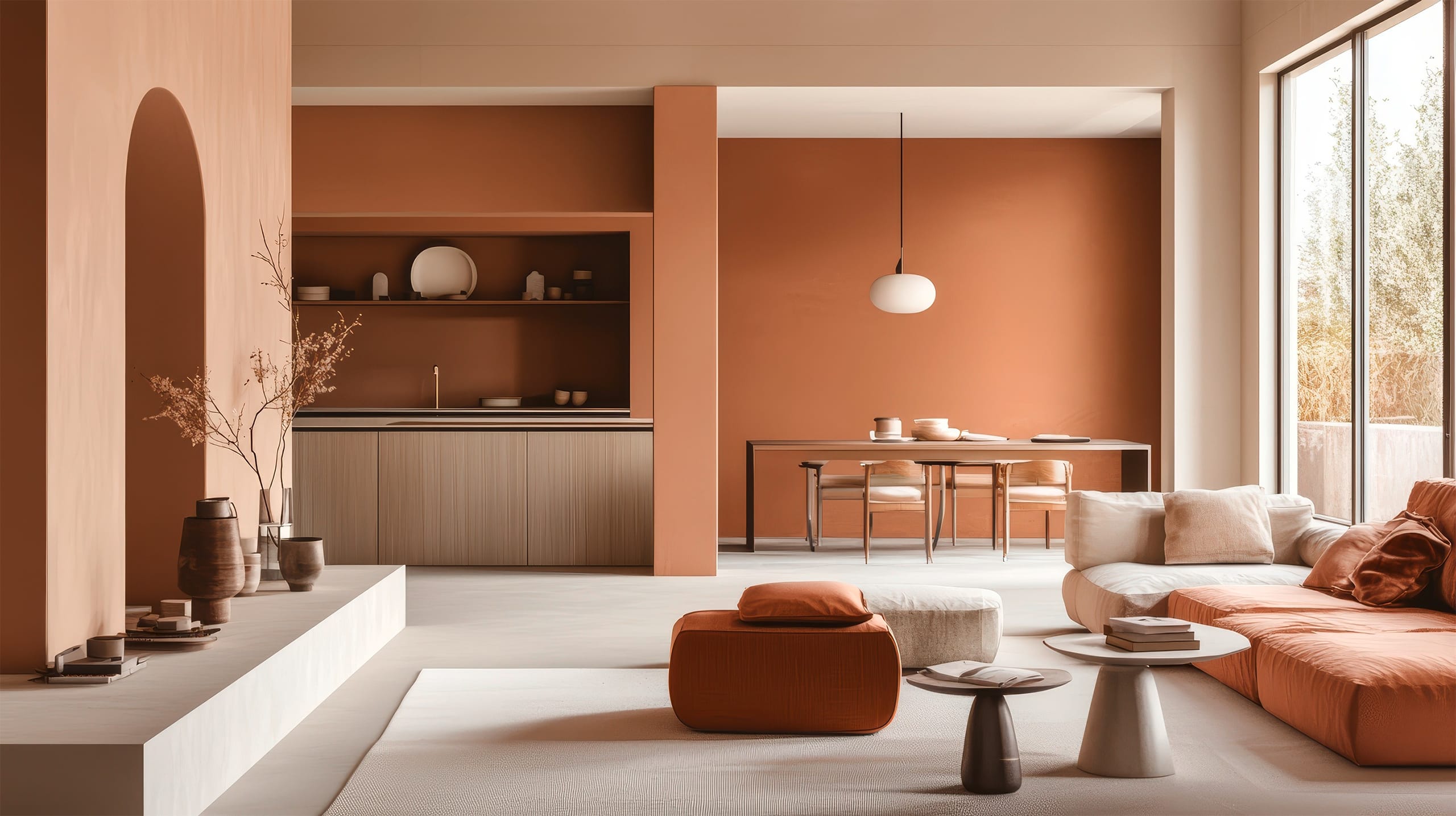 Modernes Wohnzimmer mit pfirsichfarbenen Wänden und cremefarbenen Boden und Decke kombiniert mit einer Küche aus hellem Holz in einem lichtdurchfluteten Raum