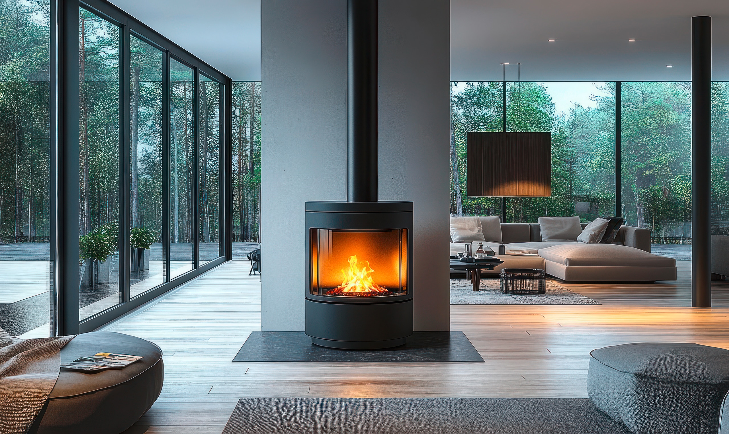 Moderner minimalistischer Kaminofen mit Holzbefeuerung im luxuriösen Wohnzimmer mit Feuer und natürlichem Licht.