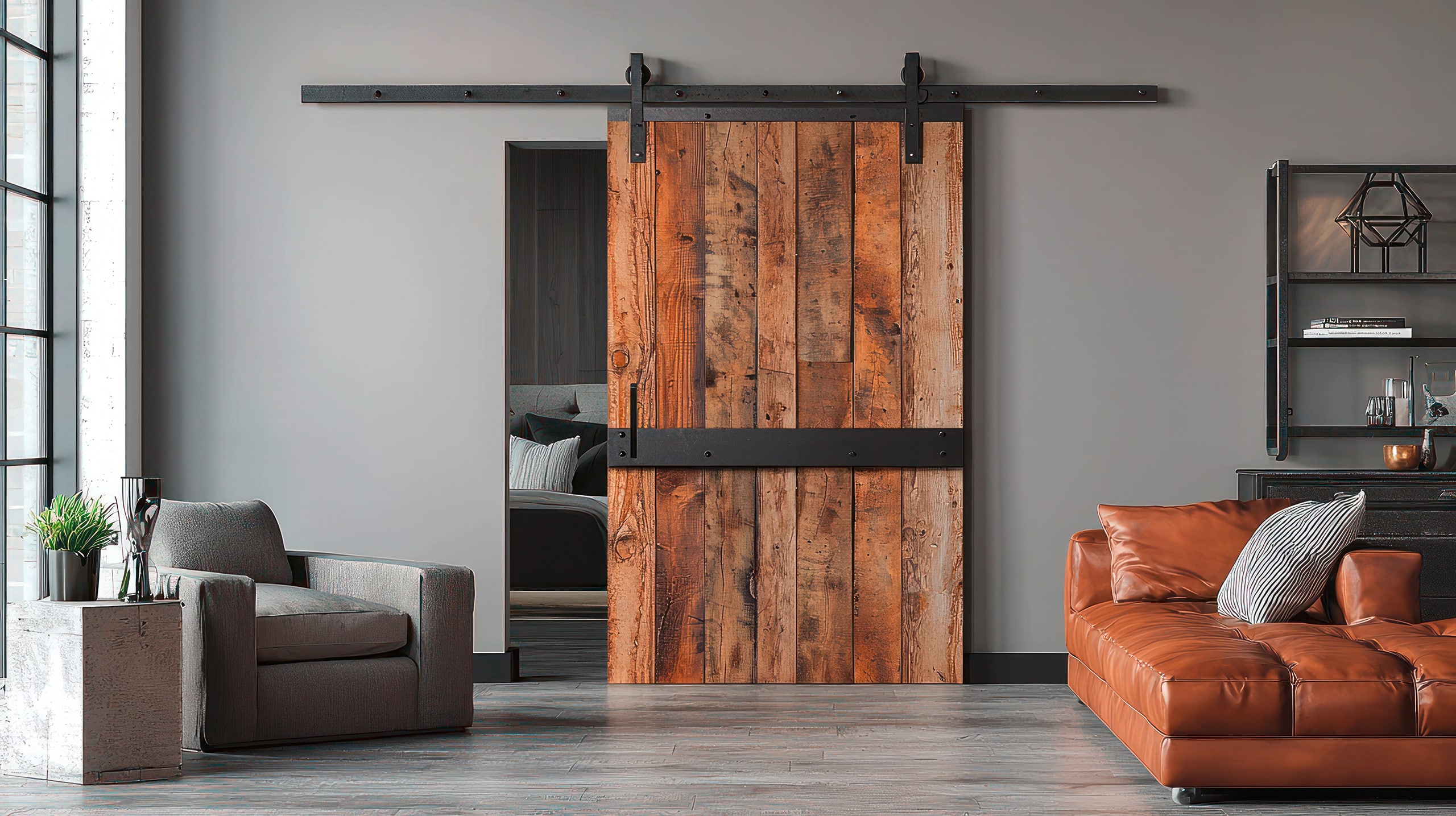 Luxuriöse Schiebetüre aus Altholz, die auf einer massiven, schwarzen Eisenschiene gleitet, bildet einen markanten Kontrast zum umgebenden modernen Interieur.
