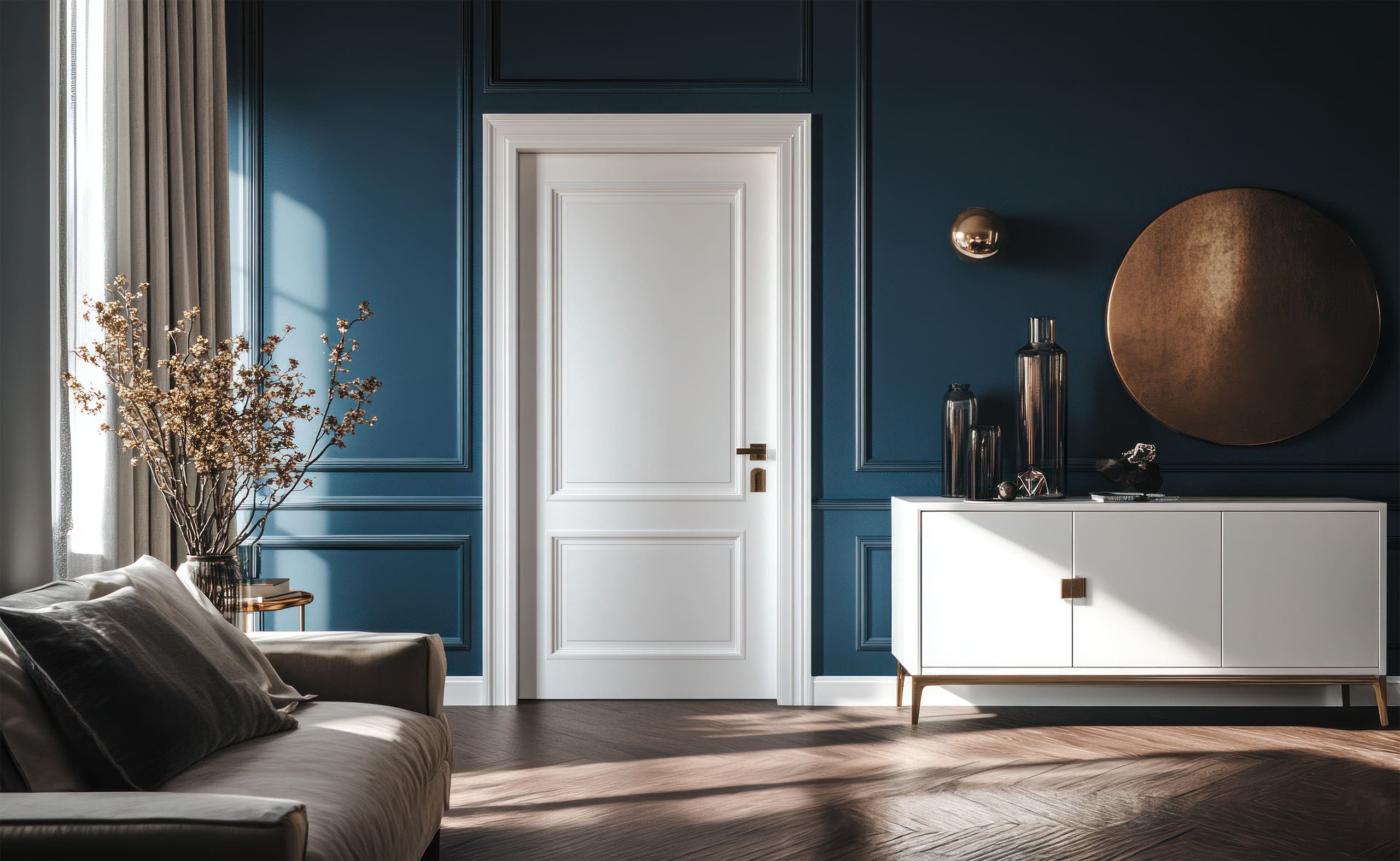 Weiße Innentür bzw. Raumtür in einem edlen Raum eines Altbaus mit royalblauen Wänden mit Stuckverzierungen und Parkettboden mit Fischgrätmuster.