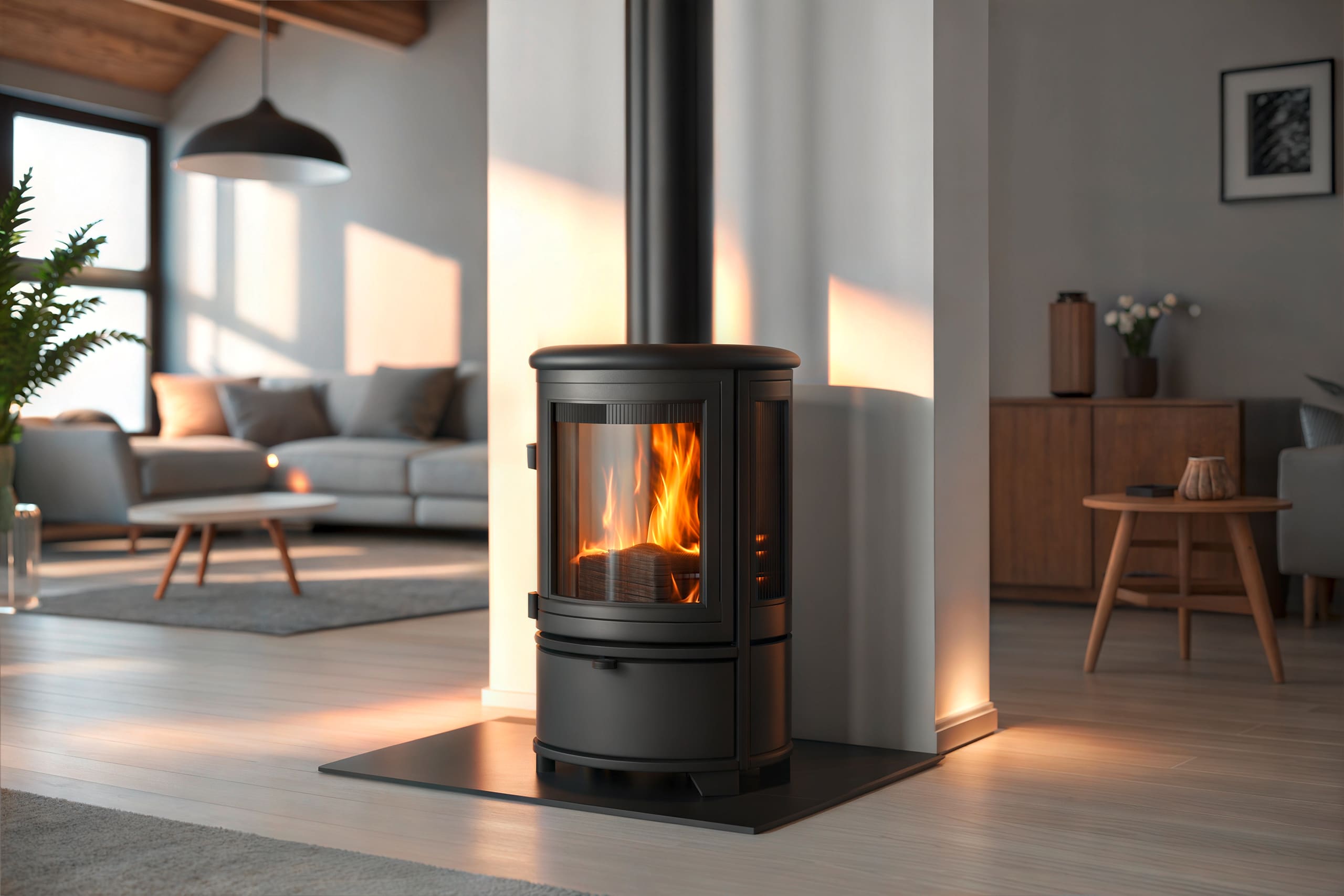 Eleganter, schwarzer Holz-Kaminofen aus Metall in schwarz mit Glasfront, durch die tanzende Flammen flackern, steht in einem modernen Wohnzimmer mit minimalistischen Möbeln und sanfter Beleuchtung und schafft eine gemütliche Atmosphäre.