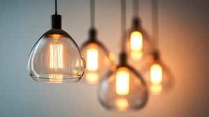 Von der Decke hängende Glasleuchten in Tropfenform und Glühbirnen im Industrial-Style mit gelbem Licht.