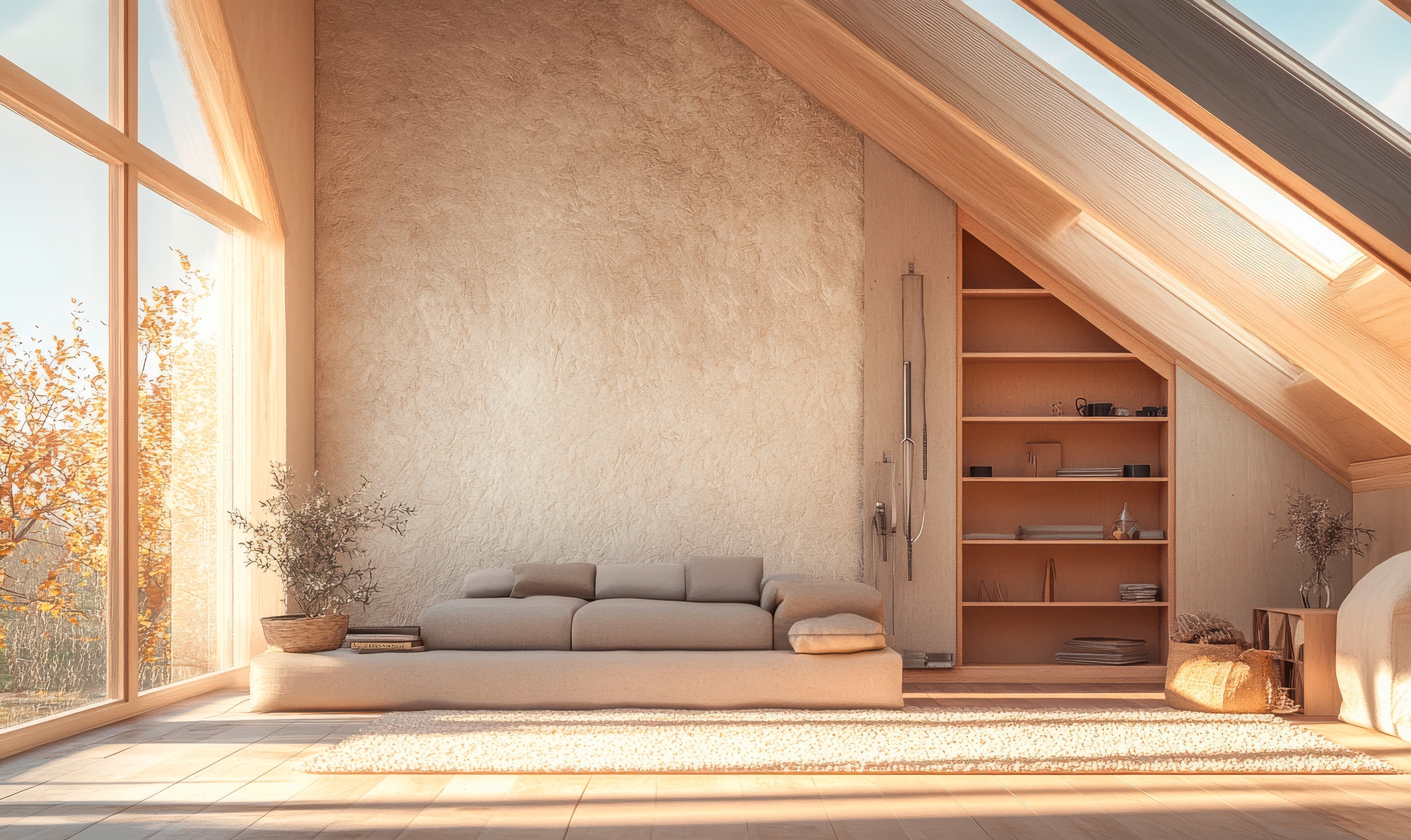 Moderner, lichtdurchfluteter Wohnraum direkt unter dem Dach mit großzügigen Dachflächenfenstern und Verglasung.