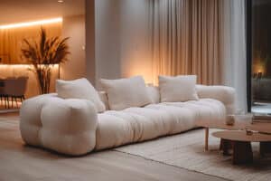 Das geräumige Wohnzimmer verfügt über ein niedriges, weiches, cremefarbenes Sofa. Natürliches Licht und warme Farbtöne schaffen eine beruhigende Atmosphäre. Neutral gefärbte Vorhänge rahmen ein großes Fenster ein.