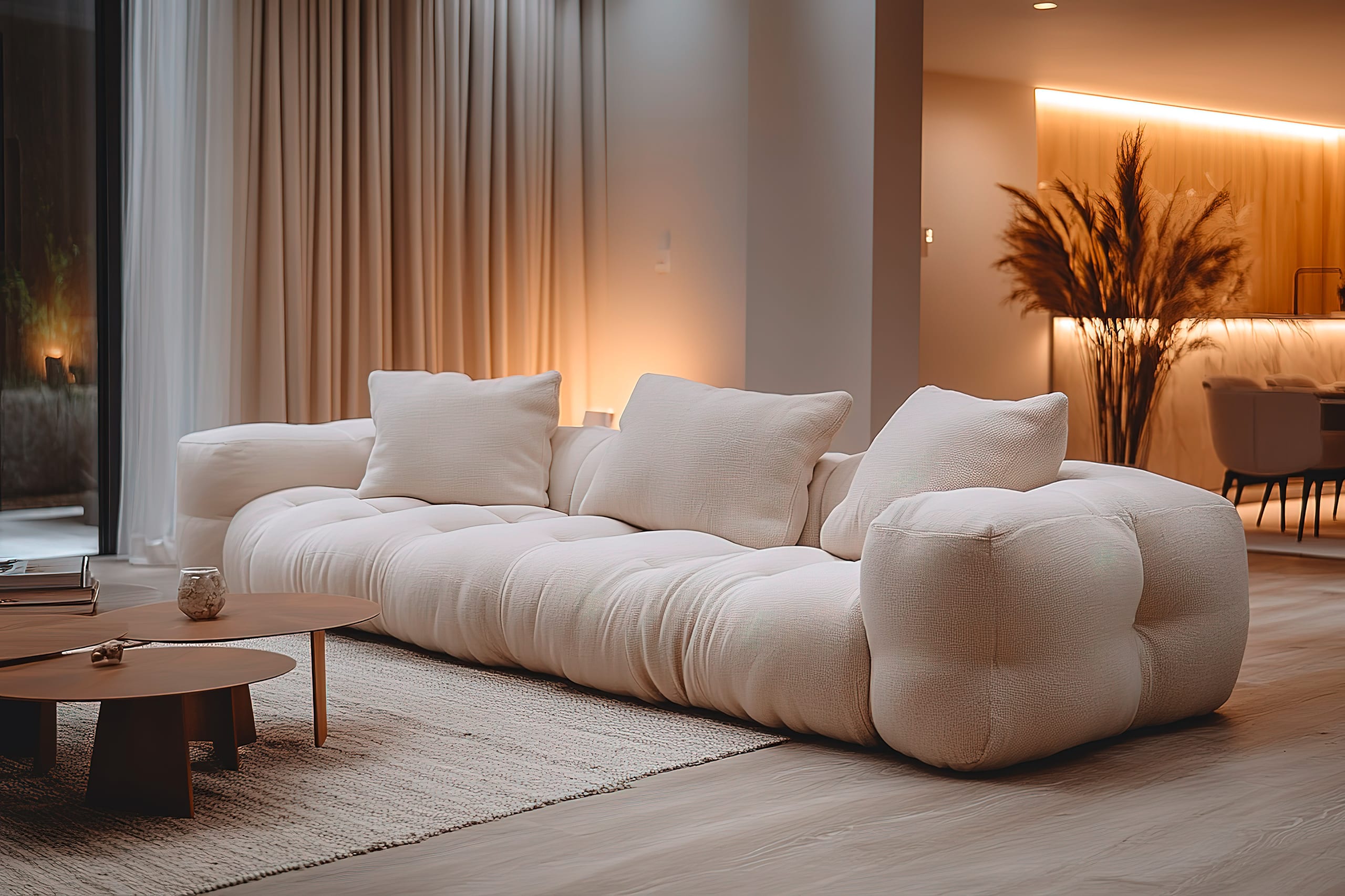 Das geräumige Wohnzimmer verfügt über ein niedriges, weiches, cremefarbenes Sofa. Natürliches Licht und warme Farbtöne schaffen eine beruhigende Atmosphäre. Neutral gefärbte Vorhänge rahmen ein großes Fenster ein.