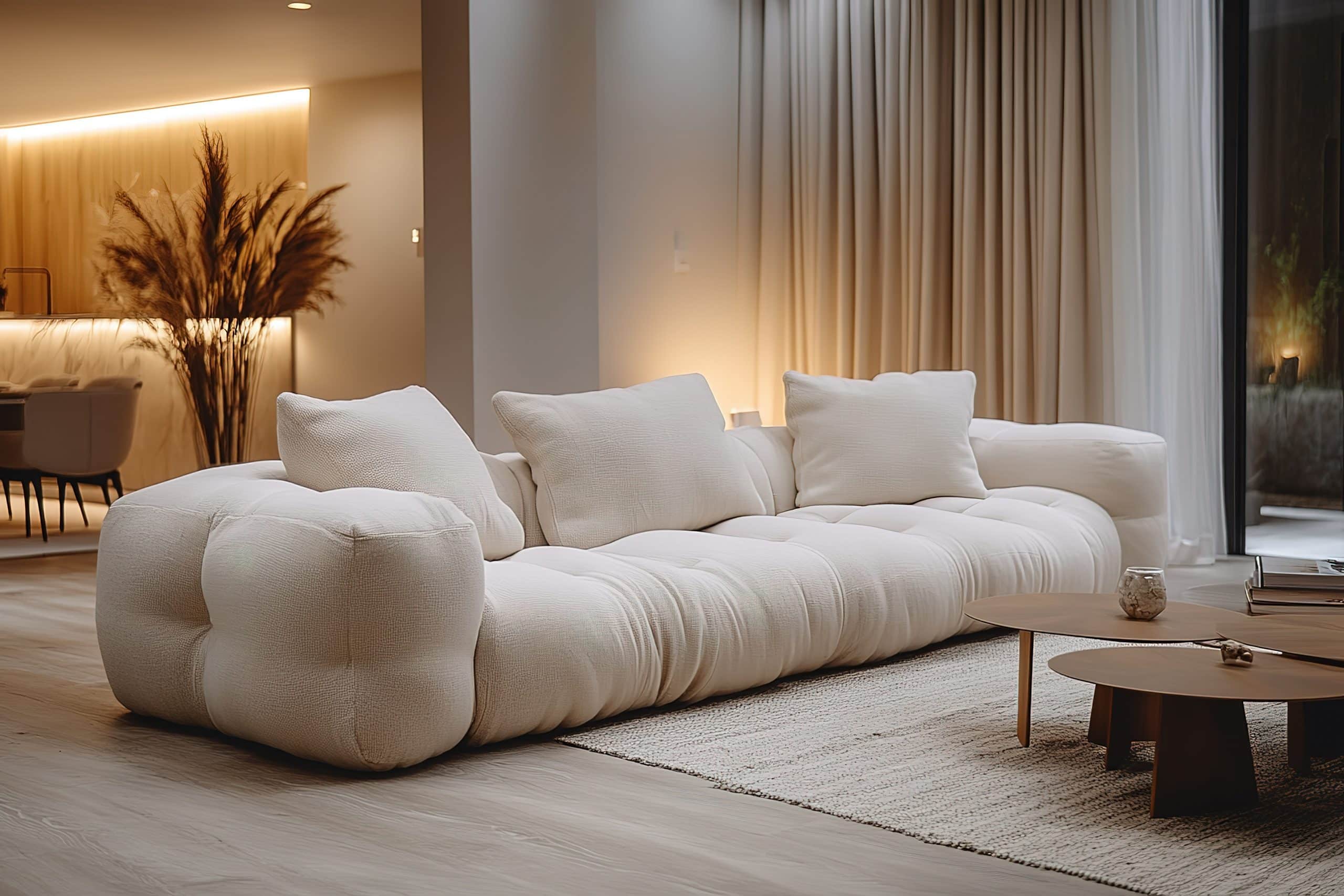 Das geräumige Wohnzimmer verfügt über ein niedriges, weiches, cremefarbenes Sofa. Natürliches Licht und warme Farbtöne schaffen eine beruhigende Atmosphäre. Neutral gefärbte Vorhänge rahmen ein großes Fenster ein.