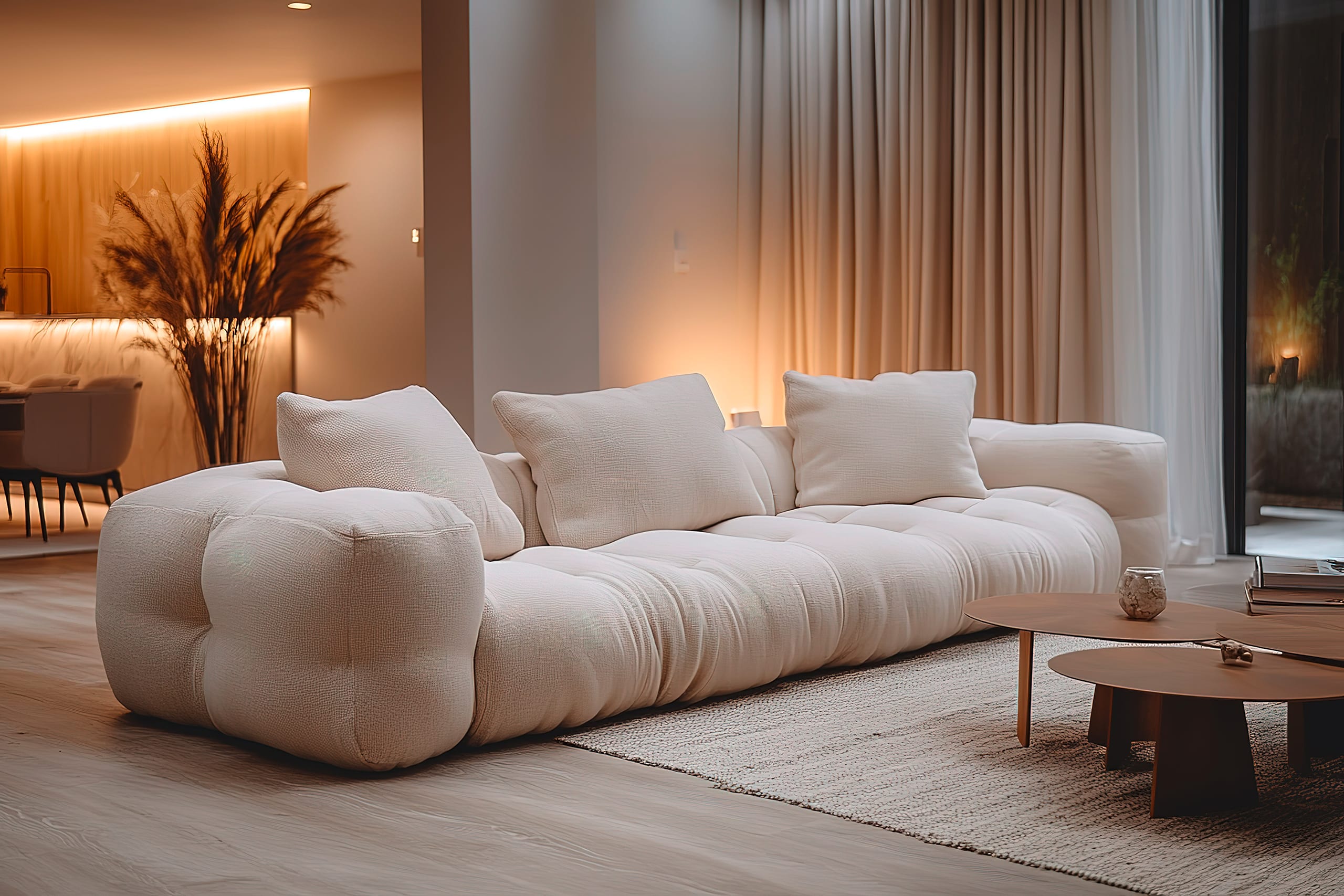 Das geräumige Wohnzimmer verfügt über ein niedriges, weiches, cremefarbenes Sofa. Natürliches Licht und warme Farbtöne schaffen eine beruhigende Atmosphäre. Neutral gefärbte Vorhänge rahmen ein großes Fenster ein.