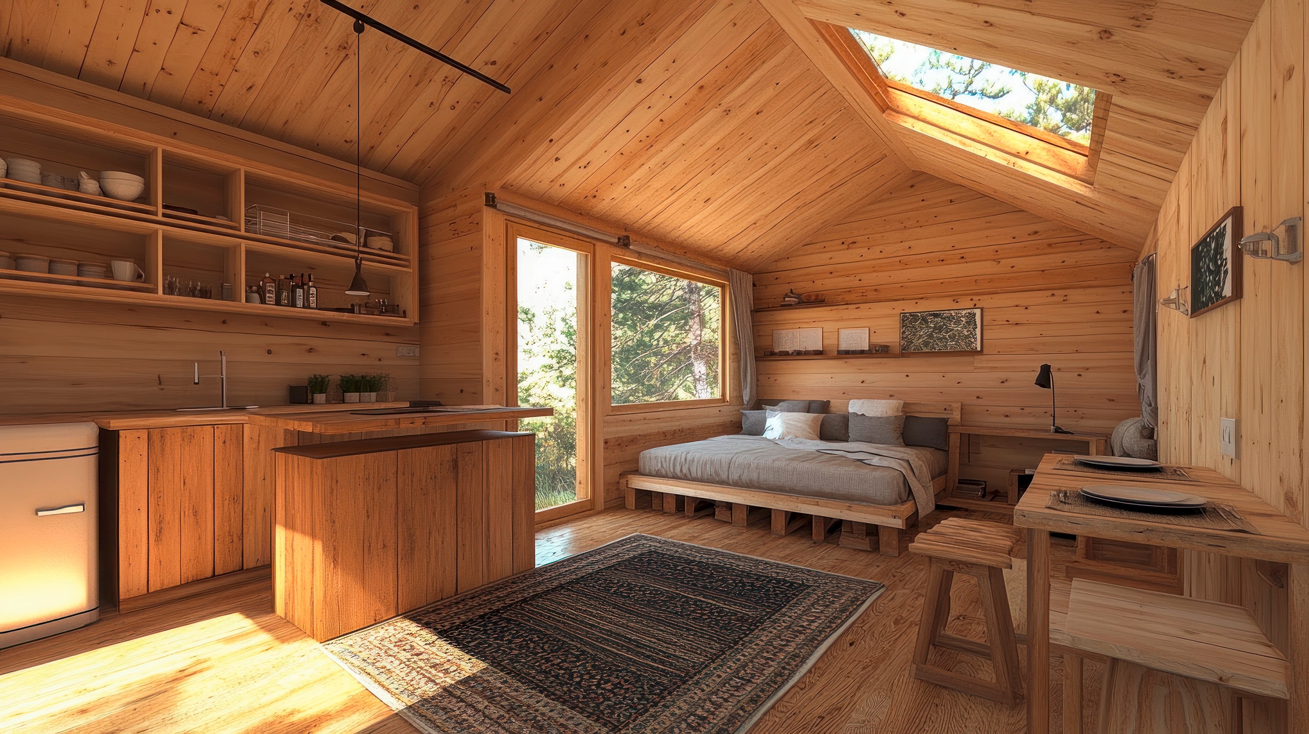 Gemütliches, modernes Interieur eines Mobileheimes mit Schlafzimmer, Küche und viel Tageslicht dank der großzügigen Fensterflächen.