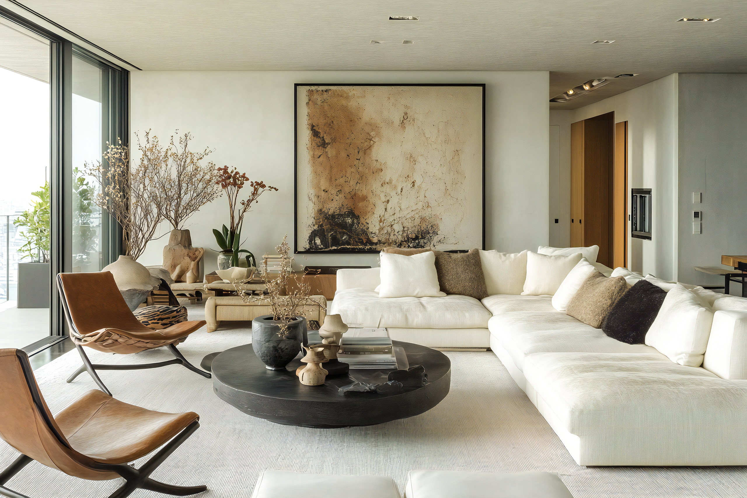 Modernes, lichtdurchflutetes Wohnzimmer in warmen Naturtönen, weißem Ecksofa aus Leinen, einem Runden Tisch aus dunklem Ebenholz, stylische Ledersessel in Cognac und zahlreichem Accessoires, wie Pflanzen, Bilder und Schalen im Hintergrund.