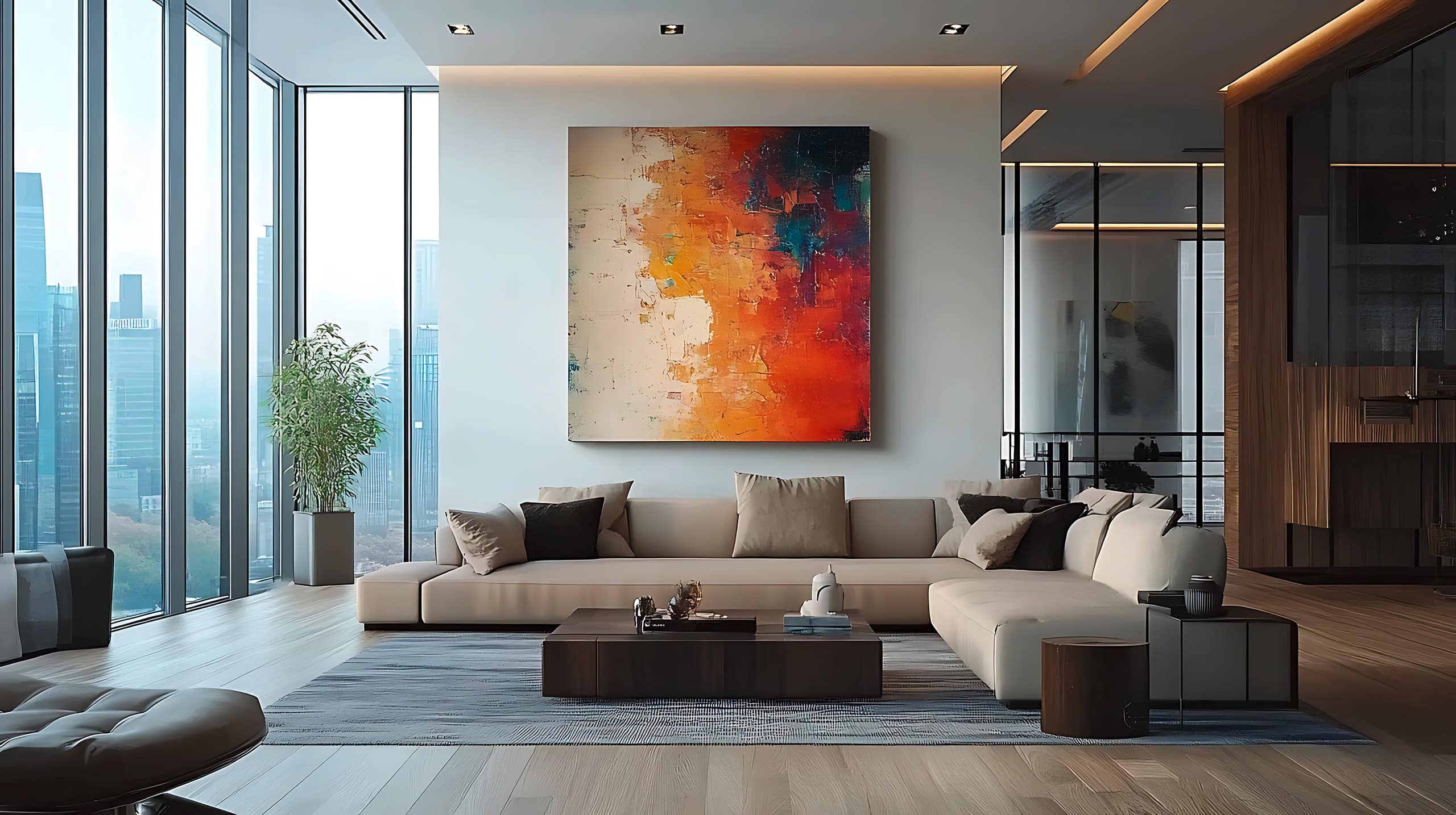 Modernes Wohnzimmer mit beiger Wohnlandschaft, Zierkissen, Couchtisch mit Accessoires und eine als Wandbild geschickt integrierte Infrarot-Heizung an der Wand.