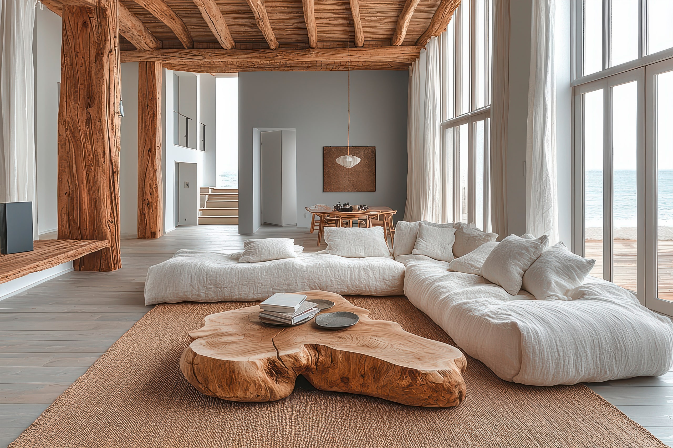 Modernes Wohnzimmer im Küstenstil – ein heller Rückzugsort mit minimalistischer Ästhetik für eine ruhige Atmosphäre.