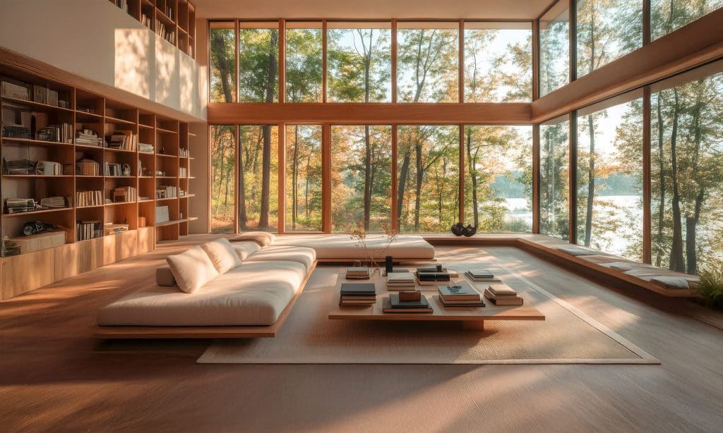 Mit Abendlicht durchflutetes Wohnzimmer mit Bibliothek in warmen Erdtönen, großem Eck-Sofa aus Holz mit hellem Textil und gemütlicher Polsterung sowie großem, quadratischem Wohnzimmertisch und freilegendem Sisal-Teppich darunter in einem großzügigen Raum mit Holzfenster und zweigeschossiger Verglasung.