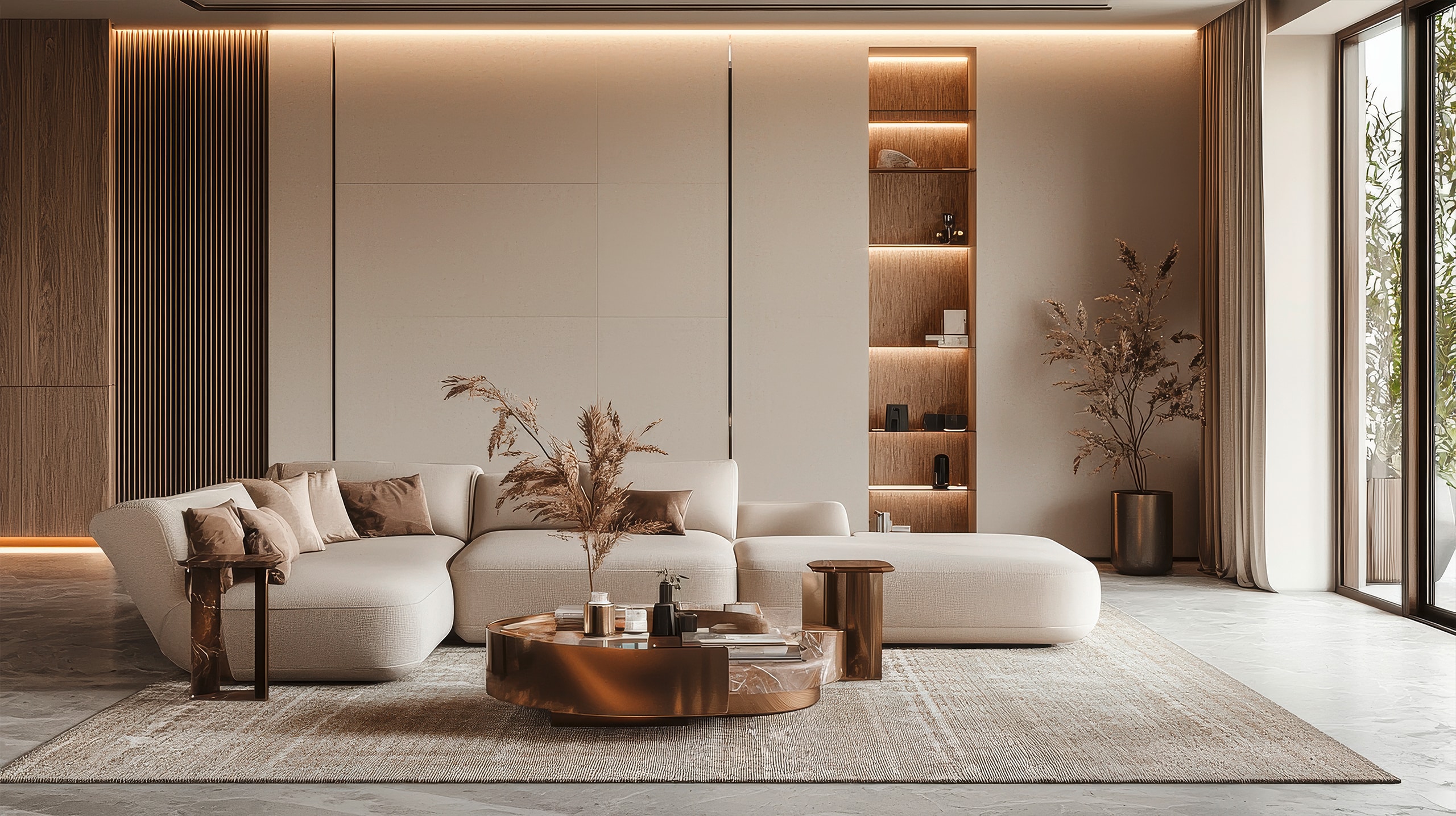 Modernes Wohnzimmer mit stilvollem, beigem Ecksofa, eleganter Einrichtung und warmer Beleuchtung, das eine gemütliche und einladende Atmosphäre schafft.