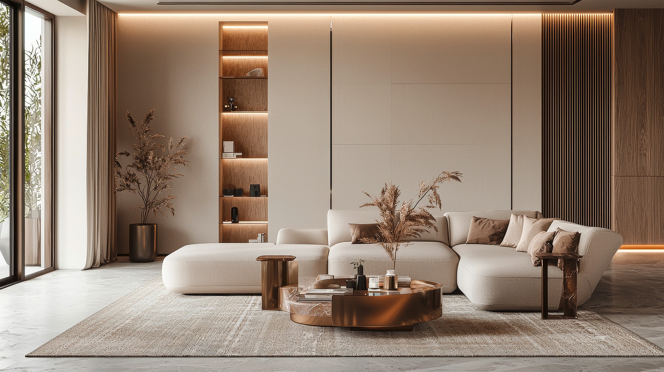 Modernes Wohnzimmer mit stilvollem, beigem Ecksofa, eleganter Einrichtung und warmer Beleuchtung, das eine gemütliche und einladende Atmosphäre schafft.