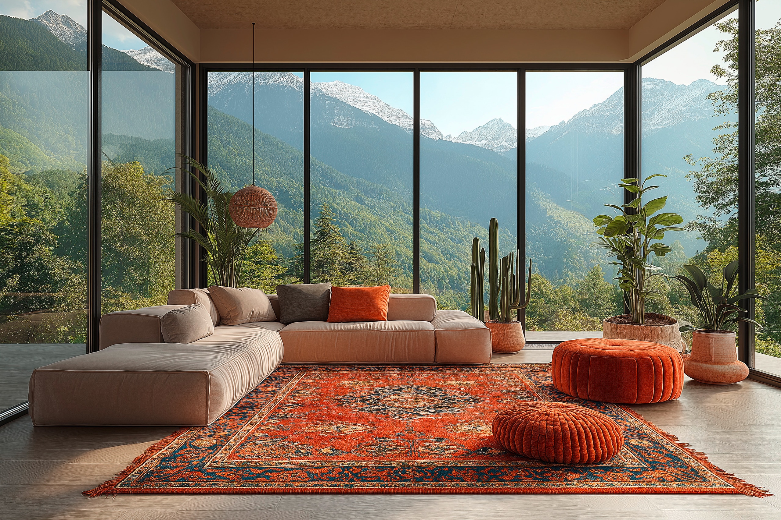 Helles, modernes Wohnzimmer mit bodentiefen Fenstern, einem gemütlichen Teppich, einem imposanten Kronleuchter, eleganten Möbeln und moderner Einrichtung in neutralen Farbtönen.