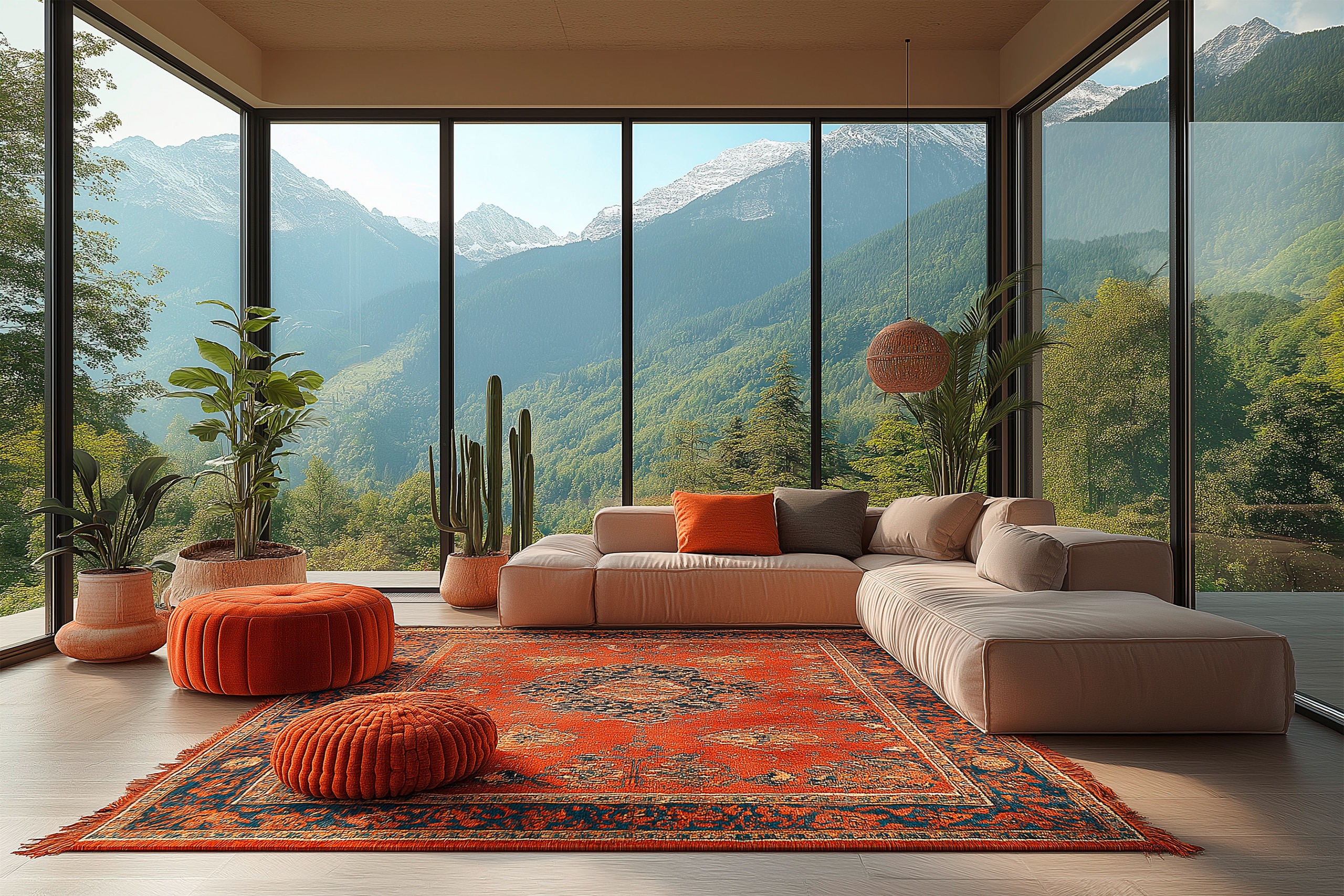 Helles, modernes Wohnzimmer mit bodentiefen Fenstern, einem gemütlichen Teppich, einem imposanten Kronleuchter, eleganten Möbeln und moderner Einrichtung in neutralen Farbtönen.