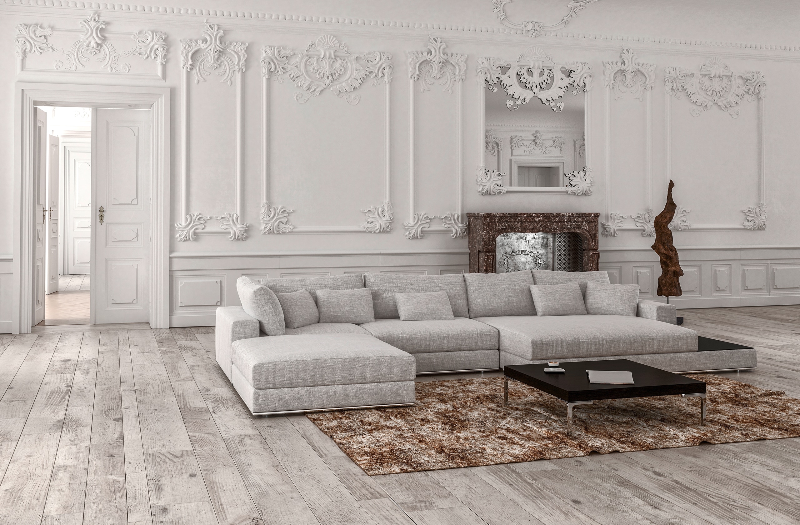 Neutral monochromes, klassisches Wohnzimmer mit moderner Wohnlandschaft, Teppich und Wohnzimmertisch, hohem Raummaß in Weiß gehalten mit edlem Stuckdesign, alten Holzdielen als Fußboden, einen Kamin mit Marmoreinfassung.