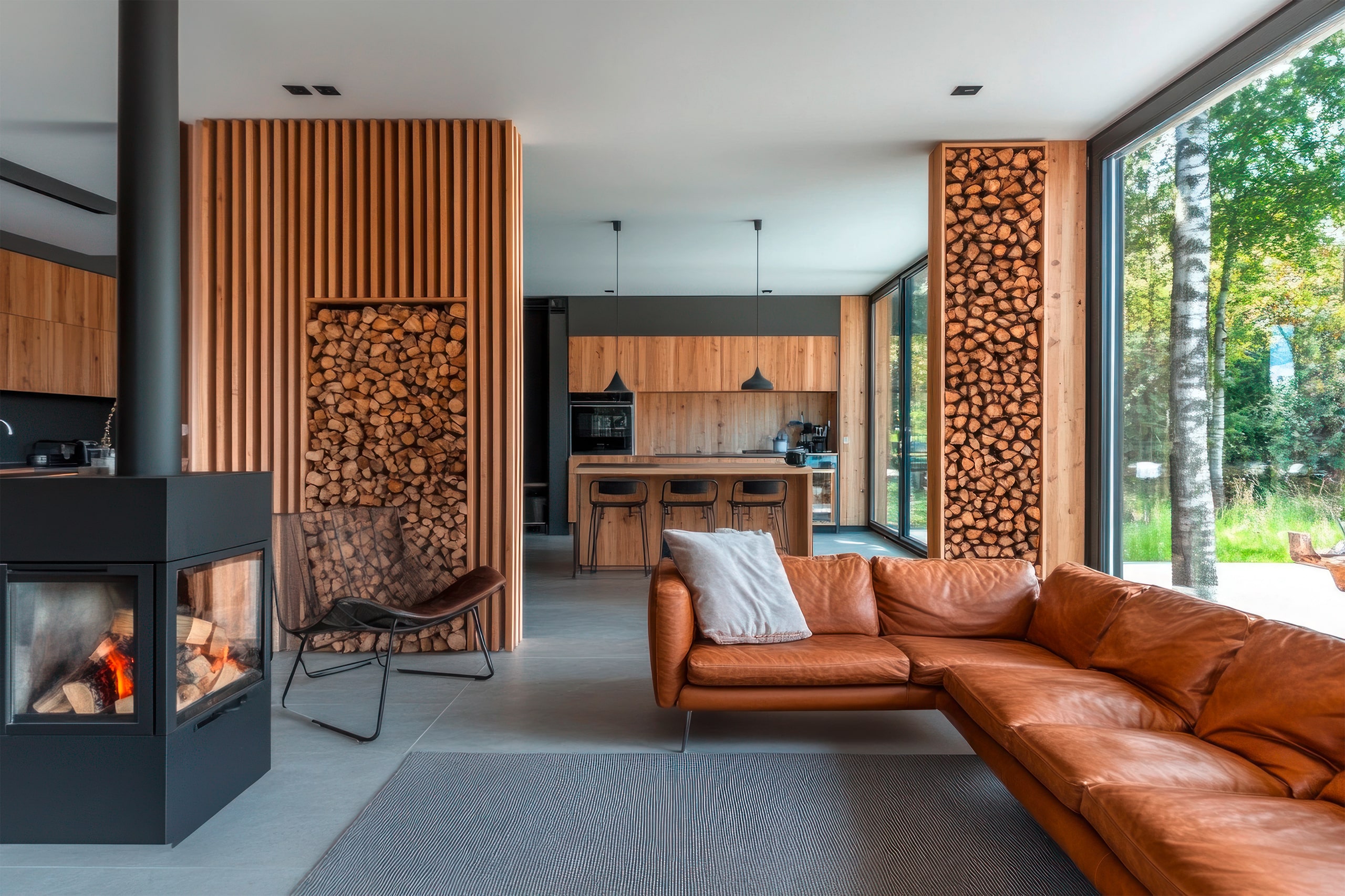 Modernes, offenes Wohnzimmer mit Kamin, Ledersofa und Holzelementen mit Blick auf die dahinterliegende Küche mit Kochinsel.
