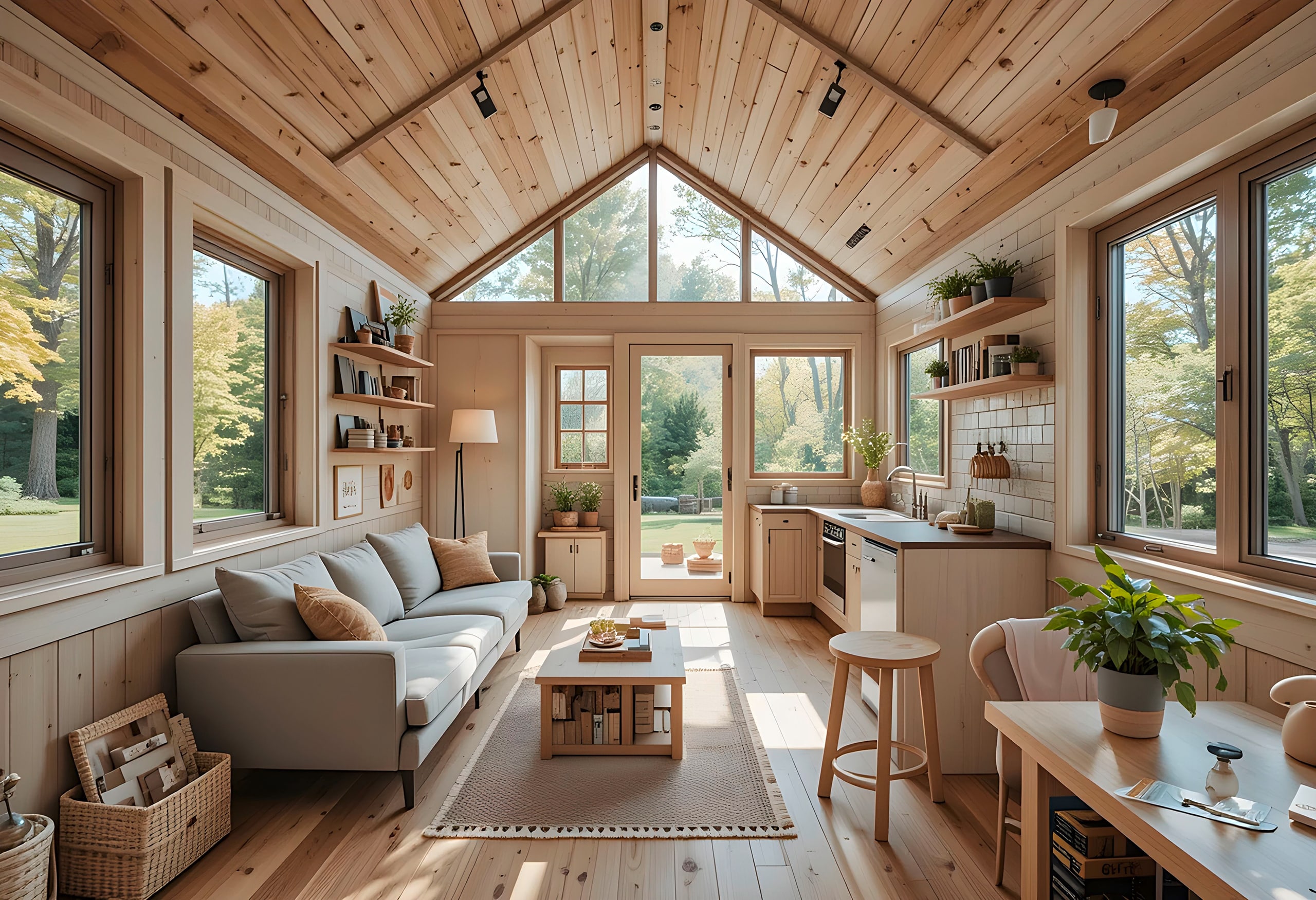 Moderne Umsetzung eines Tiny Houses oder Mobile Homes mit durchdachten Stauraumlösungen, Wohnraum und großzügigen Fensterflächen für helles Tageslicht.