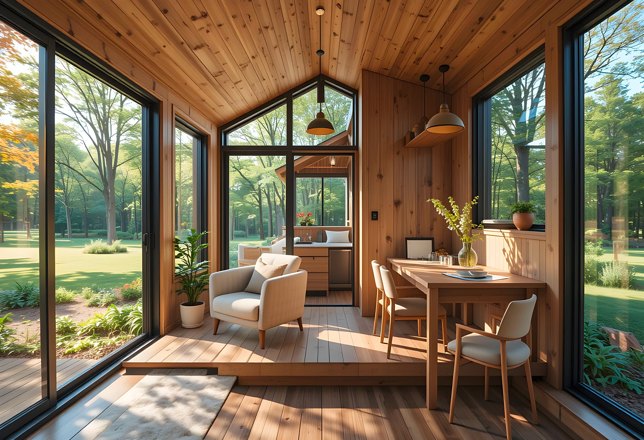 Moderne Umsetzung eines Tiny Houses mit durchdachten Stauraumlösungen, Wohnraum und großzügigen Fensterflächen für helles Tageslicht.