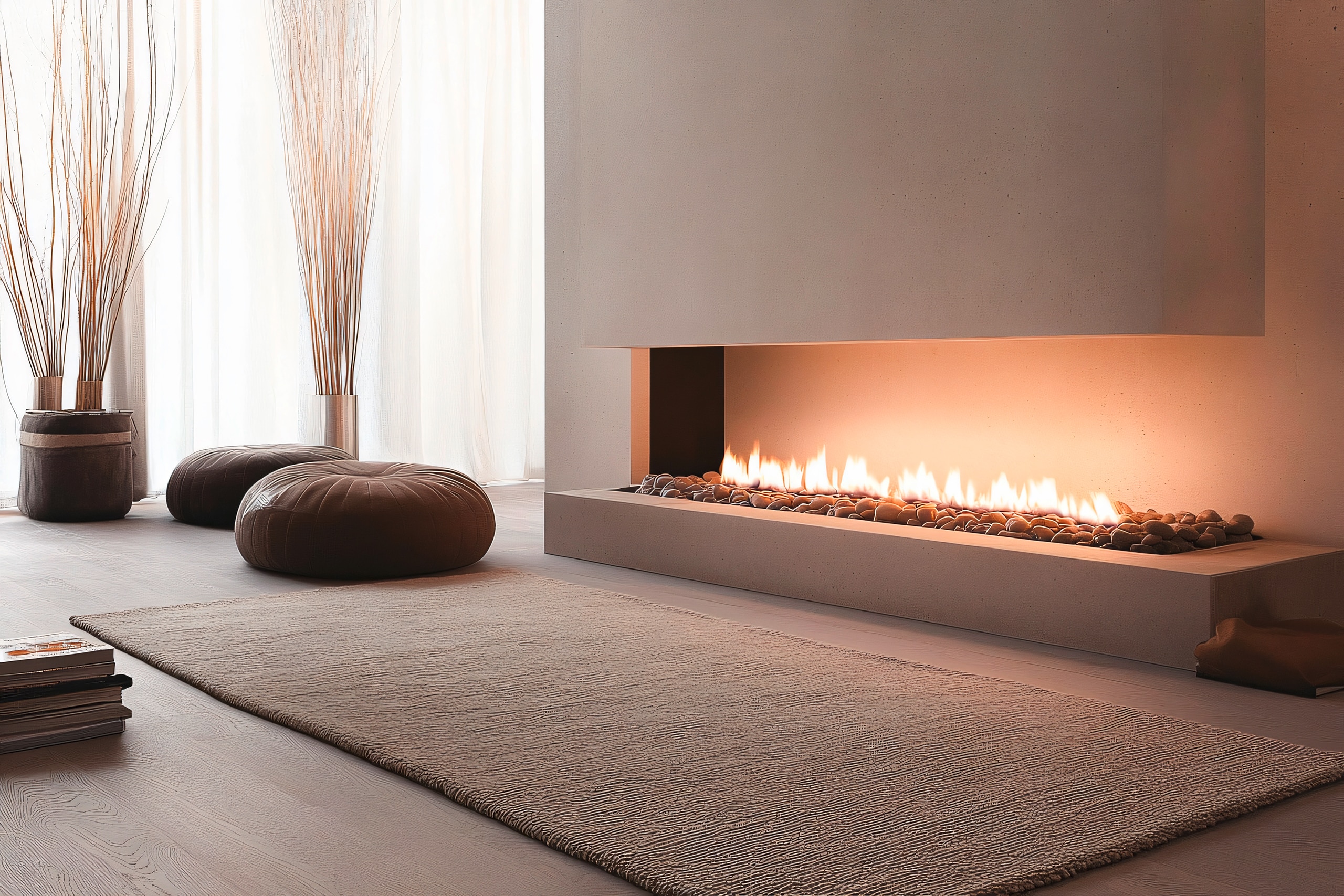 Zeitgenössisches Interieur mit modernem Gelkamin mit Flemmenspiel auf Steinen. Minimalistisches Wohnzimmer mit Sitzkissen und Flusssteinkamin mit weißen Vorhängen, modernes Design für gemütliches Zuhause und Wohnung.