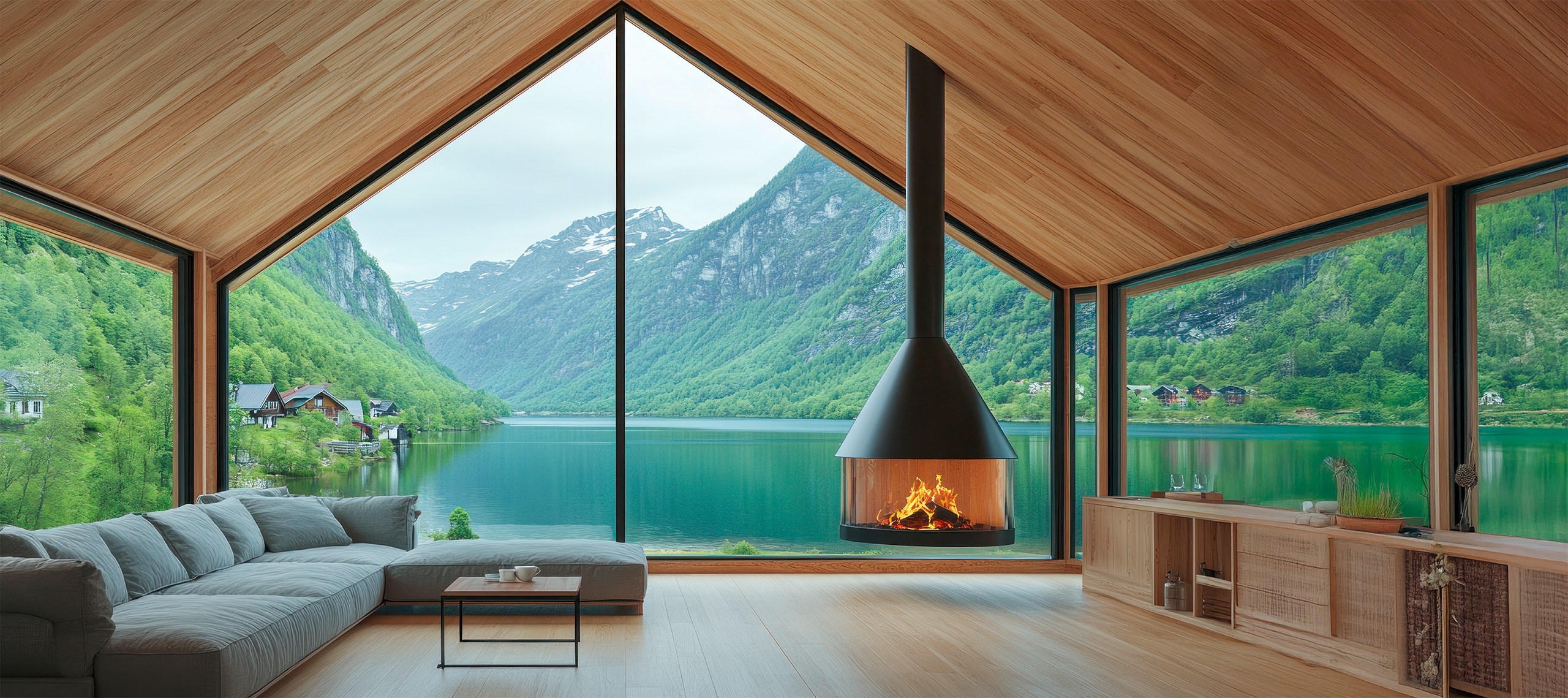 Modernes Wohnzimmer mit freischwebendem Kaminofen und atemberaubendem See- und Bergblick aus der verglasten Fassade.