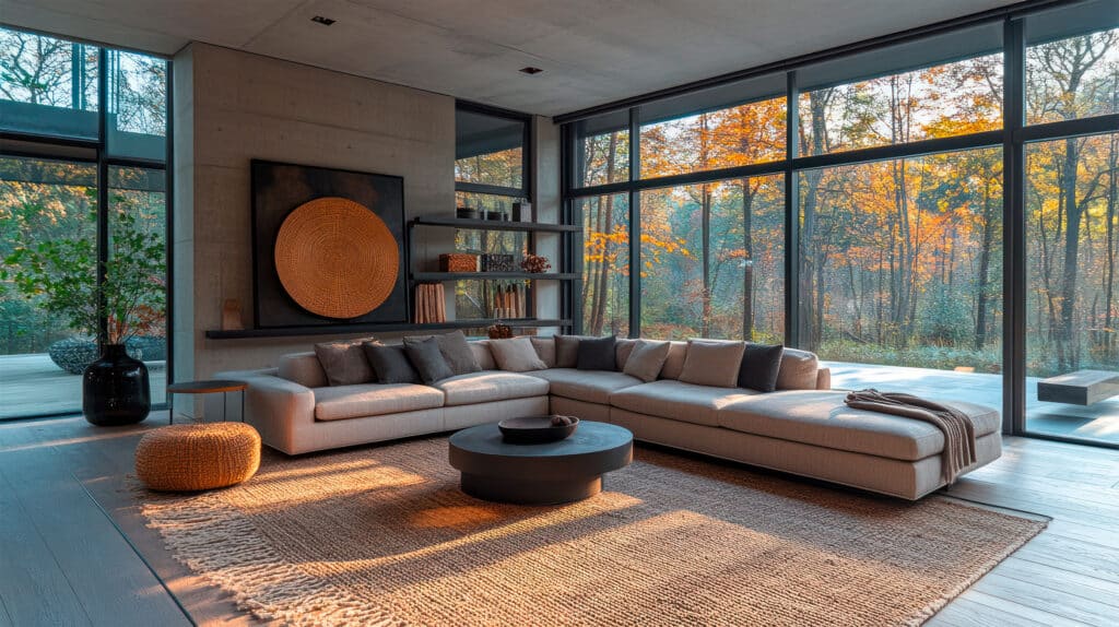 Modernes, minimalistisches Wohnzimmer mit einem großen Ecksofa in Naturtönen und zahlreichen Zierkissen, einem runden Bestelltisch aus dunklem Holz und darunter einen großen, freiliegenden Teppich aus Sisal. Der Raum verfügt über große Fenster und Blick auf einen herbstlichen Wald.