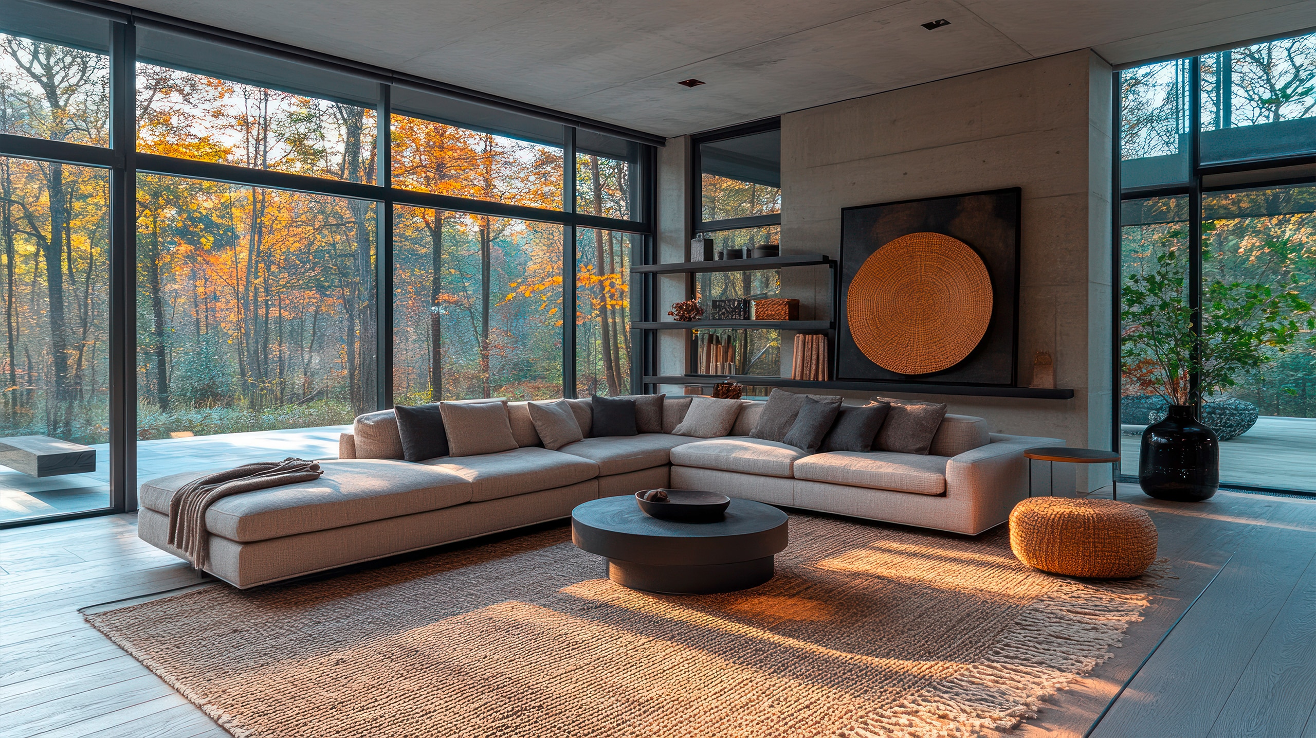 Modernes, minimalistisches Wohnzimmer mit einem großen Ecksofa in Naturtönen und zahlreichen Zierkissen, einem runden Bestelltisch aus dunklem Holz und darunter einen großen, freiliegenden Teppich aus Sisal. Der Raum verfügt über große Fenster und Blick auf einen herbstlichen Wald.