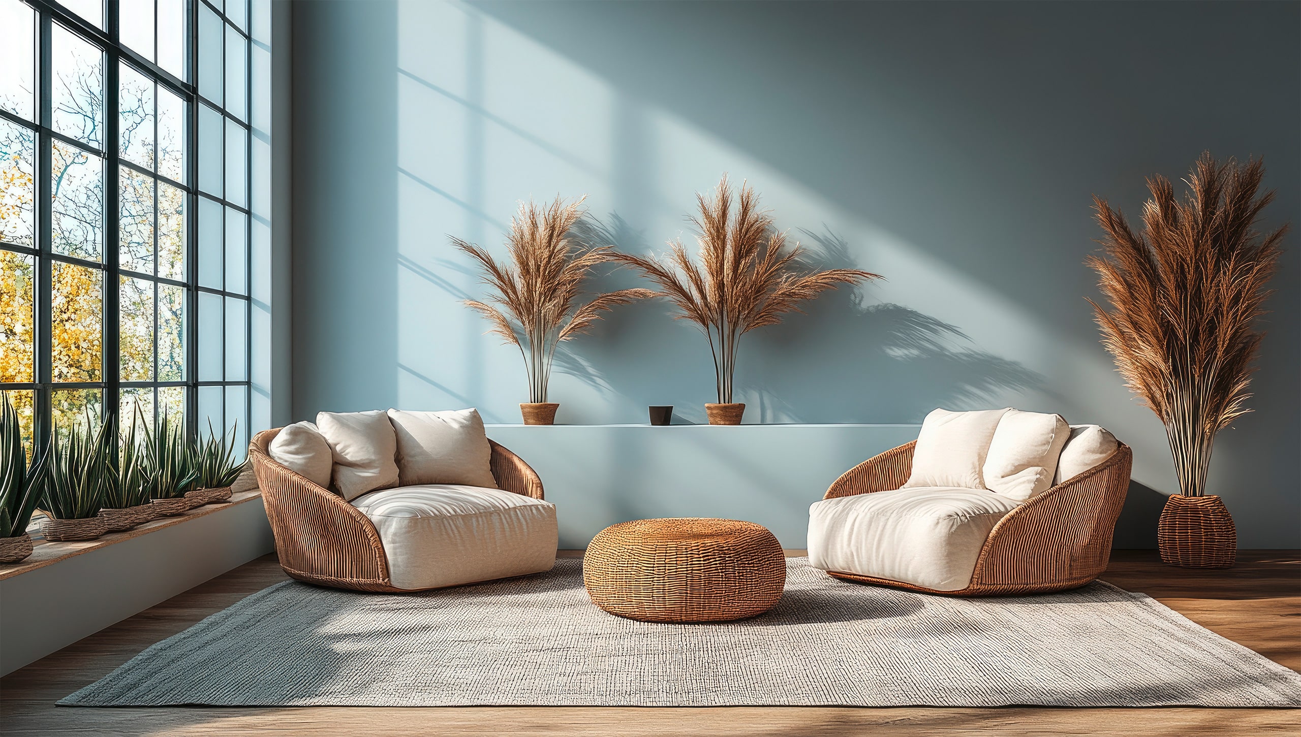 Ansprchende Wohnzimmereinrichtung in einem Loft mit hellblauen Wänden, bestehend aus Korbmöbeln bzw. Rattanmöbel, die auf einem Naturfaser-Teppich platziert sind. Getrocknete Gräser in Vasen setzen den Raum zusätzlich in Szene.
