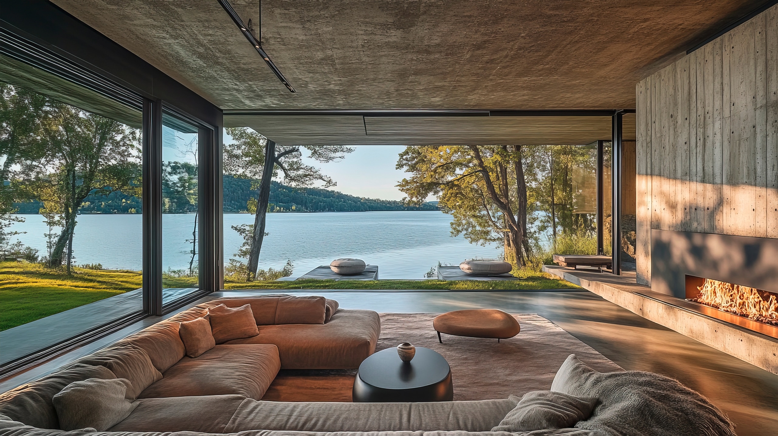 Ausblick aus dem extravaganten Wohnzimmer eines modernen Betonhauses mit Blick auf den vorgelagerten See bei Sonnenschein.