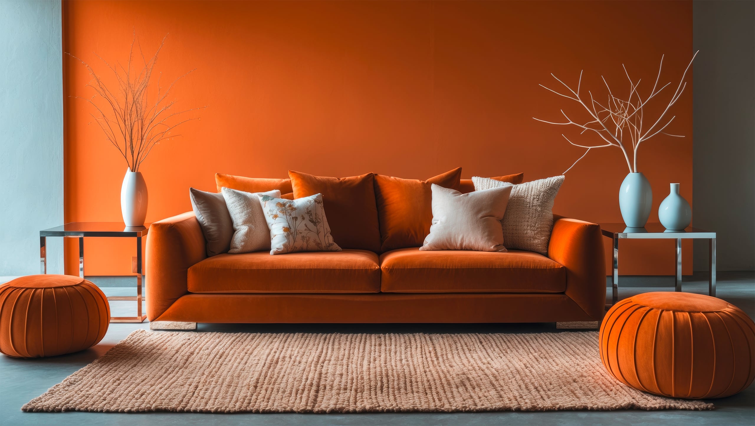 Moderner Wohnbereich mit Sofa und Sitzhockern in orange vor einer leuchtend, ebenfalls orangen Wand. Accessoires in Form von weißen Vases mit Ästen, orangen Pouffs am Boden und zwei Beistelltischen runden das ansprechende Raumbild ab.