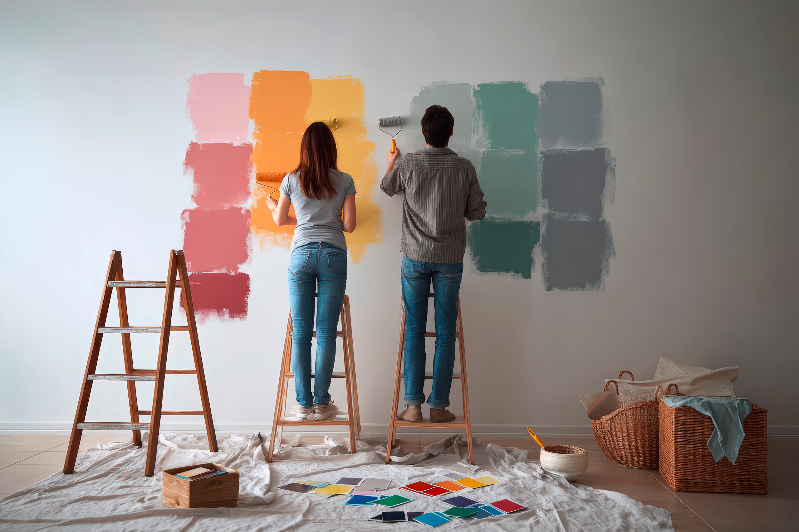 Paar streicht eine Wand mit farbigen Mustern – Konzept für gemeinschaftliche Renovierung und DIY-Innenraumgestaltung mit lebendiger Farbpalette zur individuellen Gestaltung des Wohnraums.