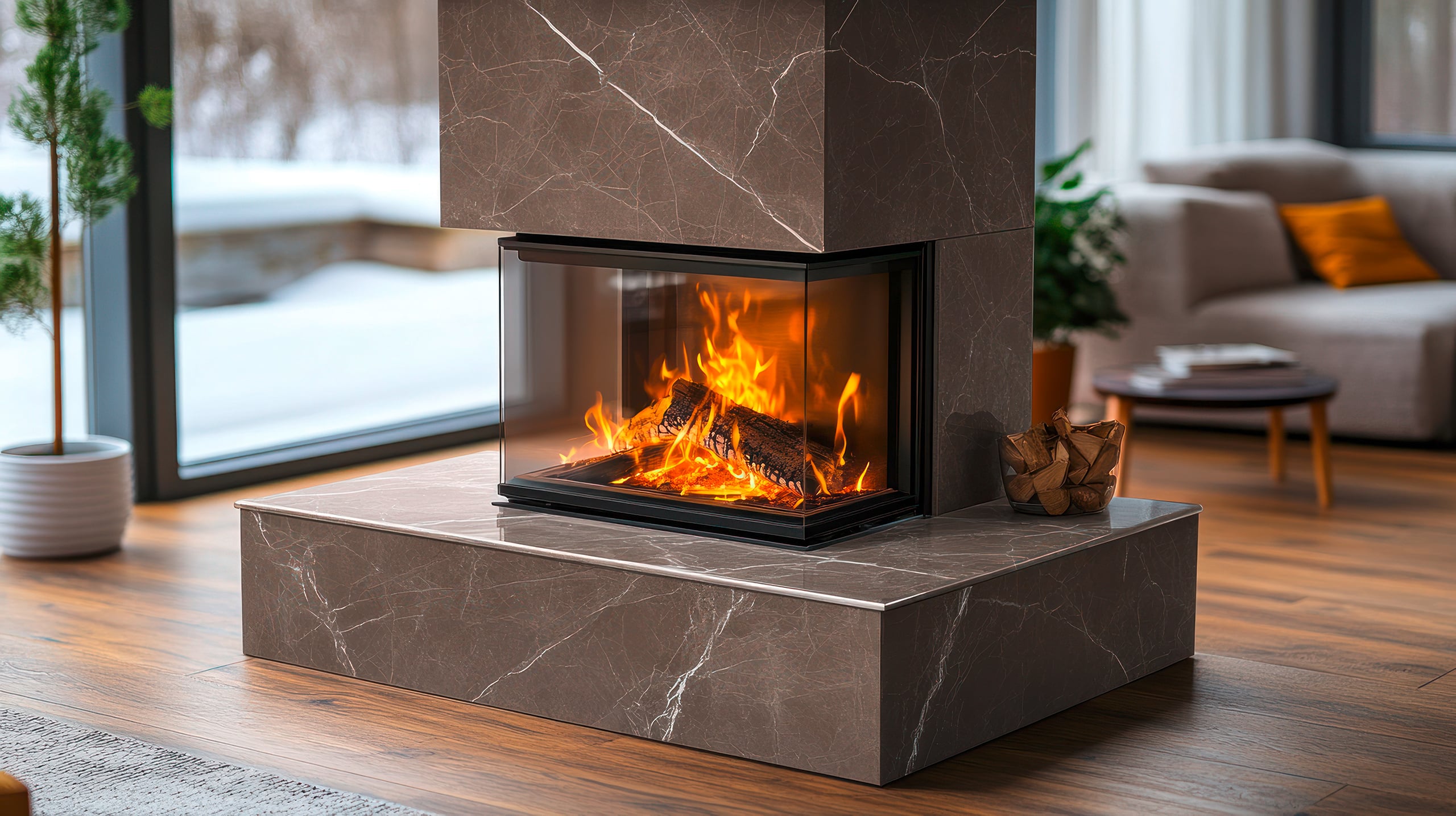 Moderner, freistehender Kamin mit Feuer im Feuerraum, geschützt durch das 3-seitige Sichtglas. Braune Marmorsteinplatten setzen den Ofen als Eye-Catcher mitten im modernen Wohnraum perfekt in Szene.