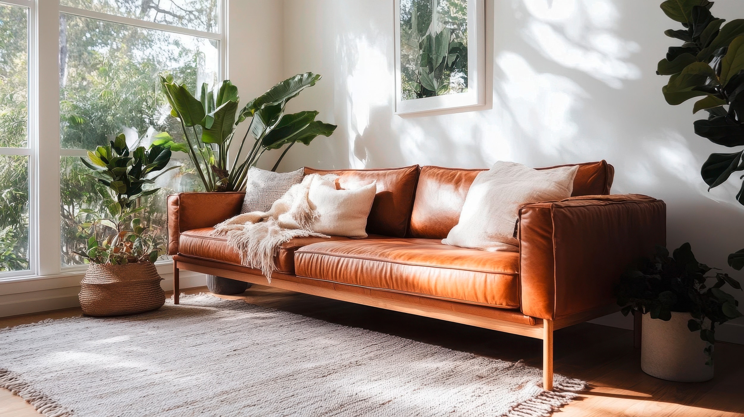 Gemütliches, sonnendurchflutetes Wohnzimmer mit klassischem Ledersofa, umgeben von üppigen grünen Zimmerpflanzen.