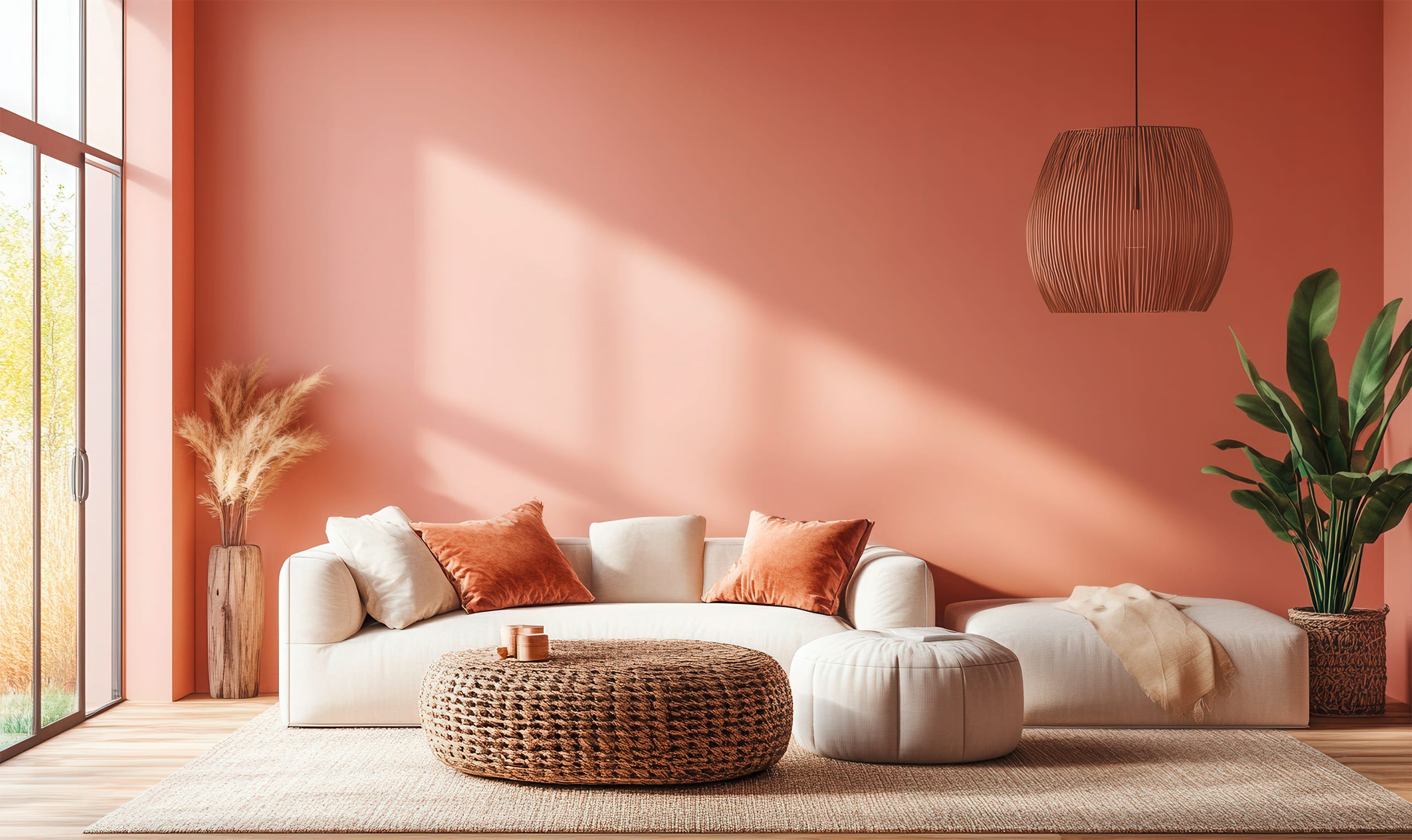 Modernes Wohnzimmerinterieur mit pfirsichfarbenen Wänden und Akzenten, sanftem Licht durch großzügige Glaselemente, einer Deckenleichte ebenfalls in der Raumfarbe und gemütlichen, minimalistischen Möbeln und der Trendfarbe "Pfirsich"des Jahres 2025.