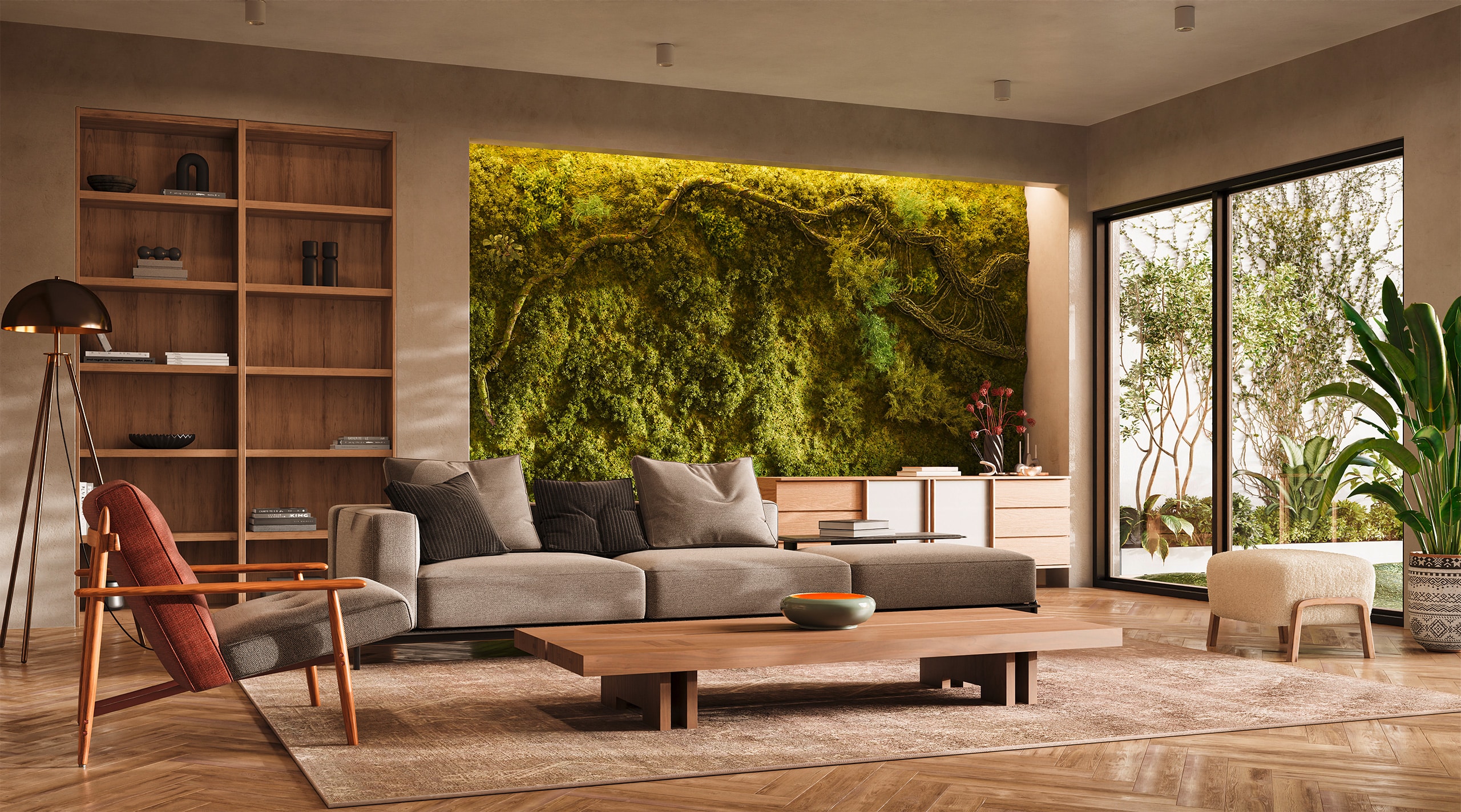 Modernes Wohnzimmer m it Parkettboden mit Fischgrätmuster, Wandregalen und einer beeindruckenden, vertikalen Grünwand mit Moosen, Farnen, Flechten und Echtholz. Vertical Greening perfekt umgesetzt.