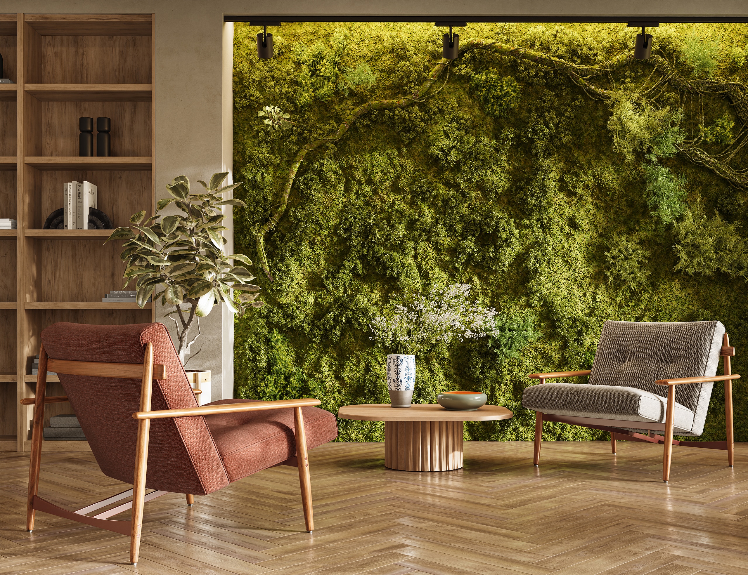 Modernes Wohnzimmer m it Parkettboden mit Fischgrätmuster, Wandregalen und einer beeindruckenden, vertikalen Grünwand mit Moosen, Farnen, Flechten und Echtholz. Vertical Greening perfekt umgesetzt.