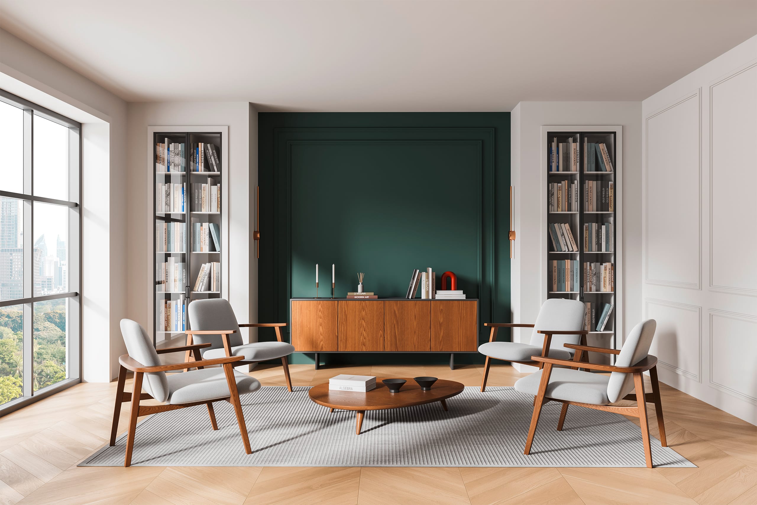 Modernes Wohnzimmer-Interieur mit Möbeln im Mid-Century-Stil, Holzelementen, großen Fenstern und eingebauten Bücherregalen in eleganter Architektur.