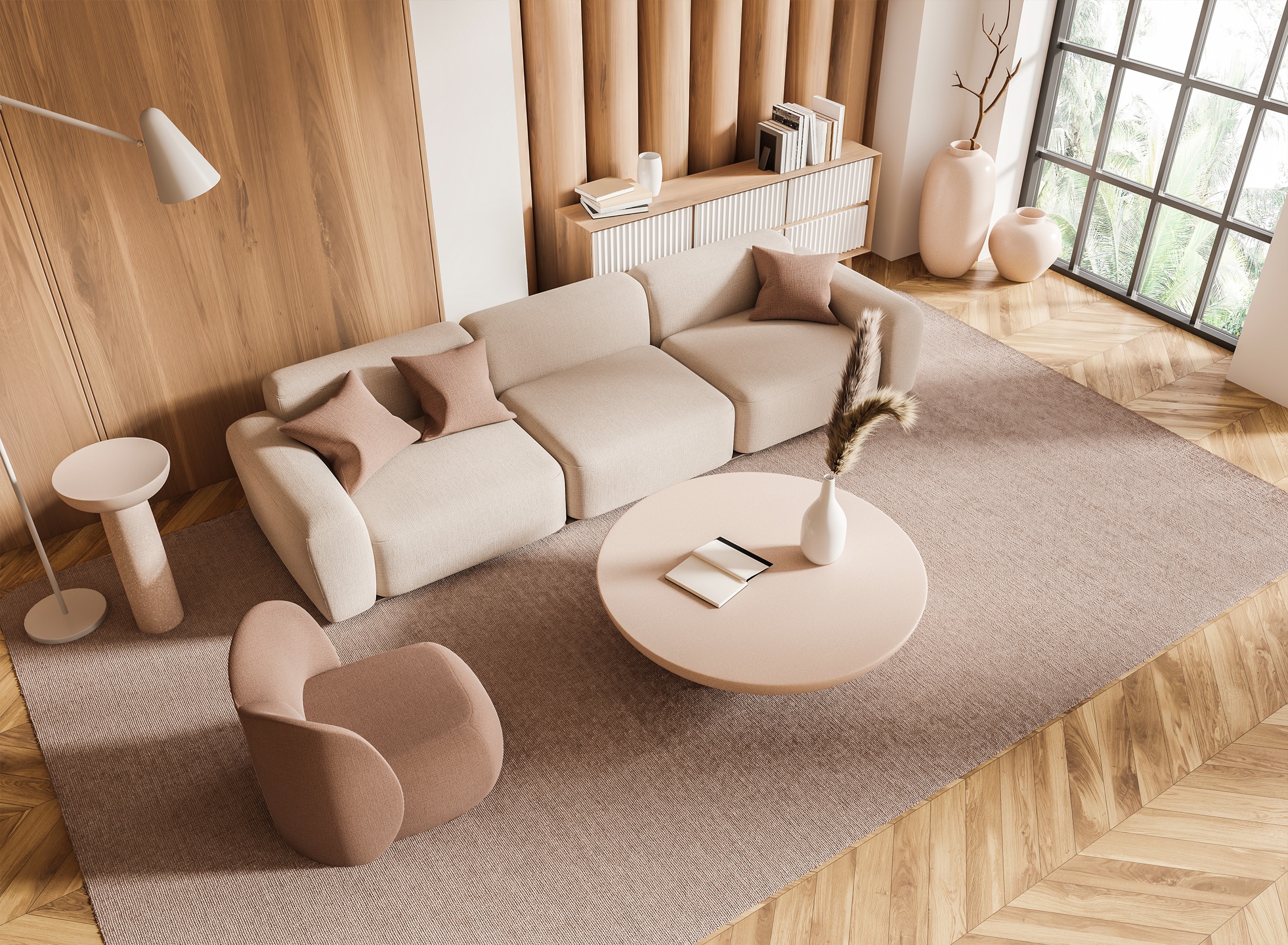 Gemütliches, modernes Wohnzimmer mit minimalistischen Möbeln in neutralen Farbtönen, wie Rosé und Beige, auf warmem Holzboden mit großem, freiliegendem Teppich in Altrosa – ein Konzept für Komfort und Eleganz.