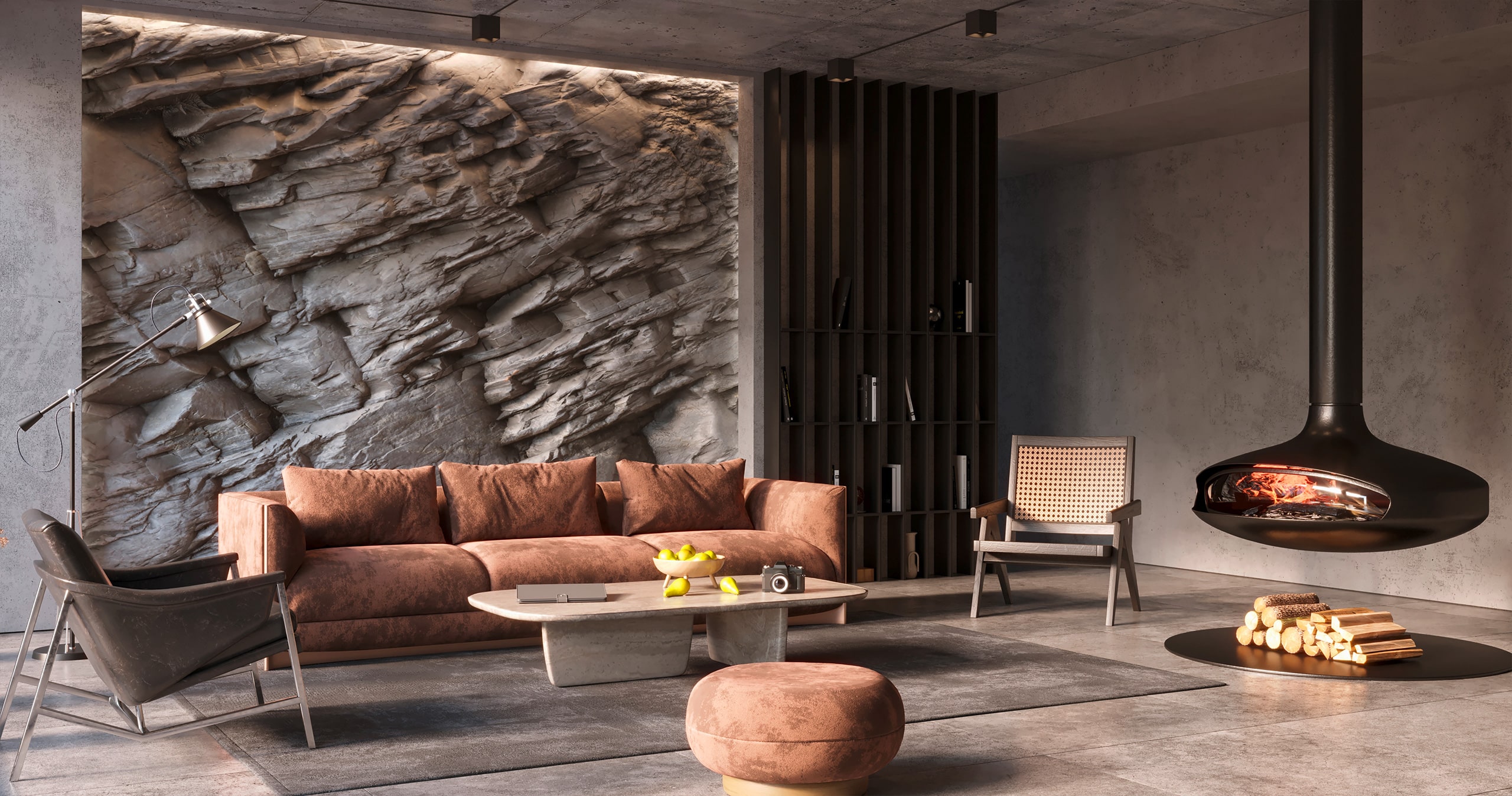 Natürliche Felswand bzw. Steinoptik und Vertikal-Paneele aus dunklem Holz als kreative Wandgestaltung in einem modernen Wohnzimmer mit Hängekamin.