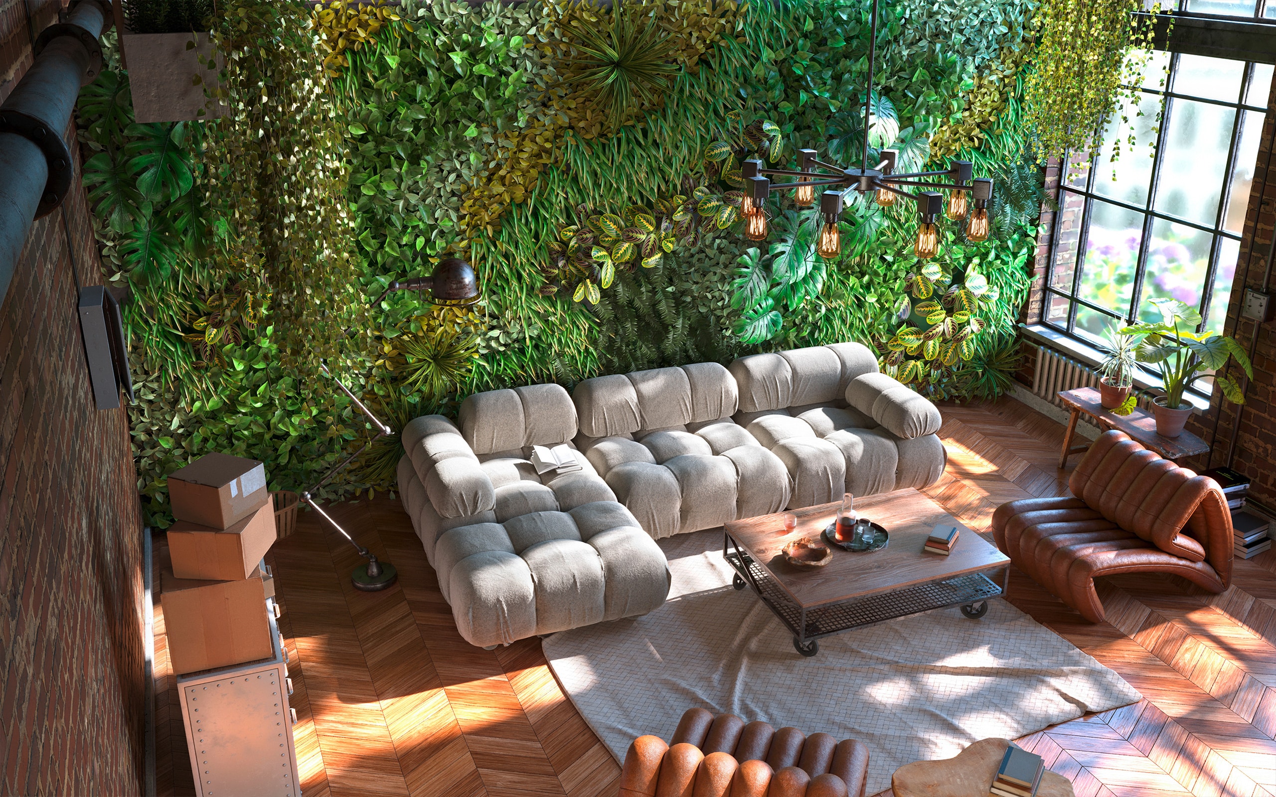 Modernes Wohnzimmer m it Parkettboden mit Fischgrätmuster, Wandregalen und einer beeindruckenden, vertikalen Grünwand mit Moosen, Farnen und Flechten. Vertical Greening perfekt umgesetzt.
